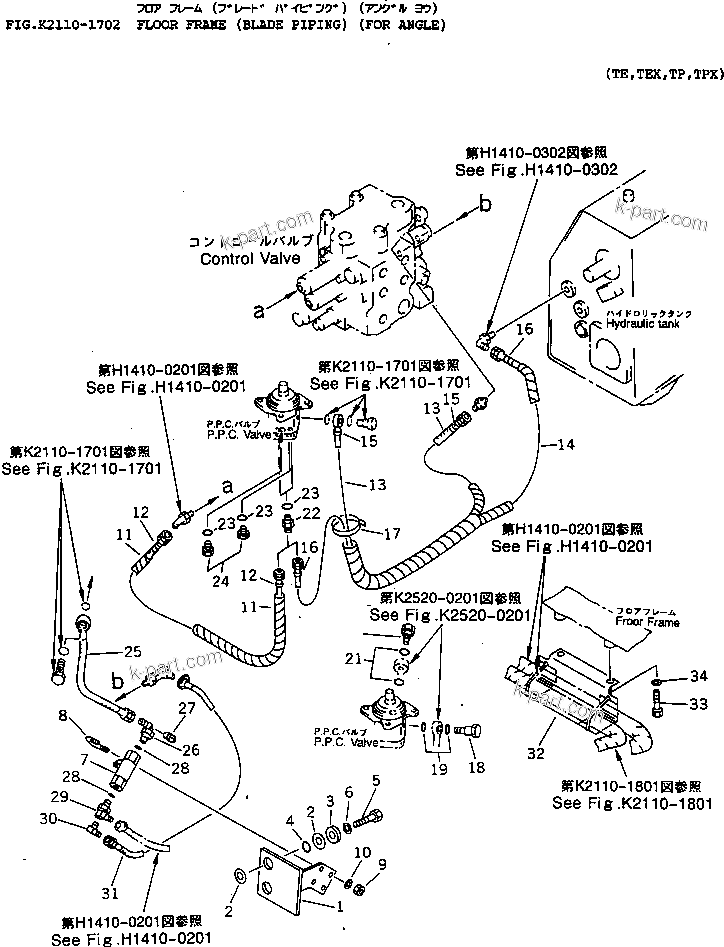 Komatsu parts book diagram for D65EX-12 S/N 60001-60941: FLOOR FRAME (BLADE PIPING) (FOR ANGLE)
