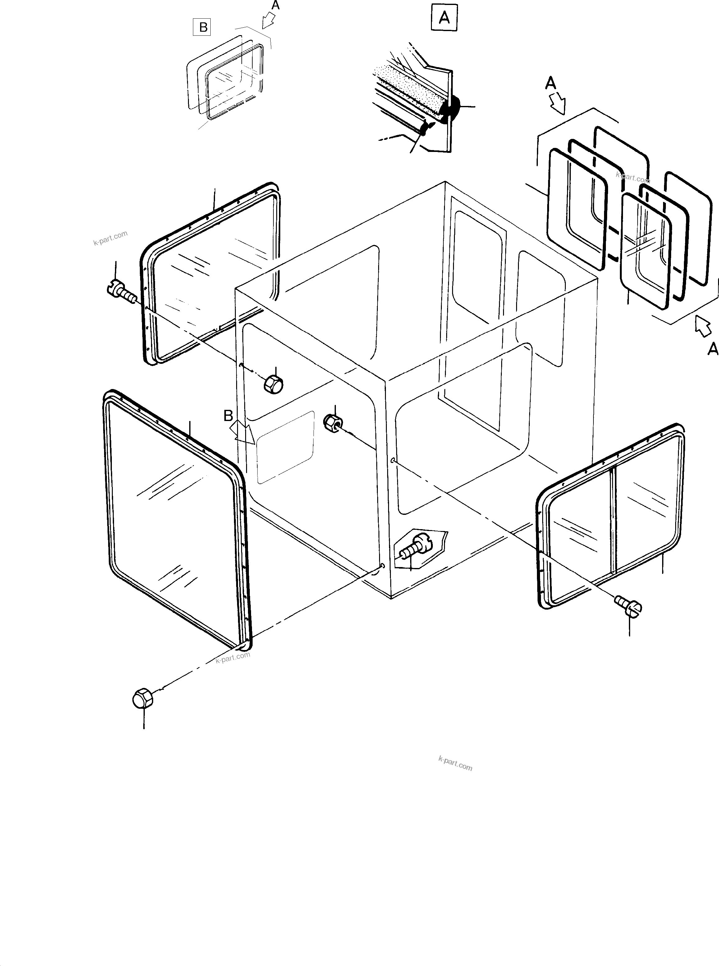 Komatsu parts book diagram for PC3000-1 S/N 06190: OPERATOR'S CAB - GLAZING