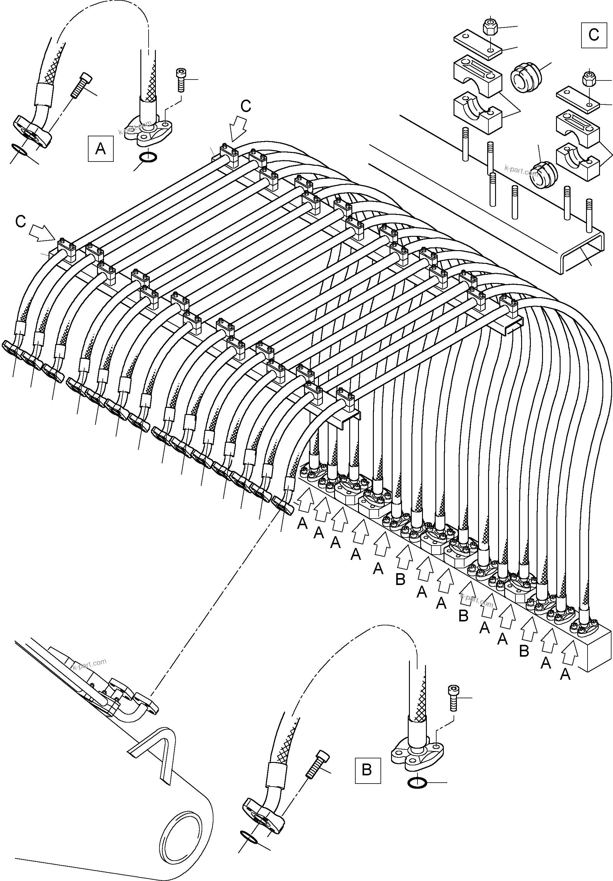 Komatsu parts book diagram for PC3000-1 S/N 06197: HOSES ASSY. - MANIFOLD- BOOM