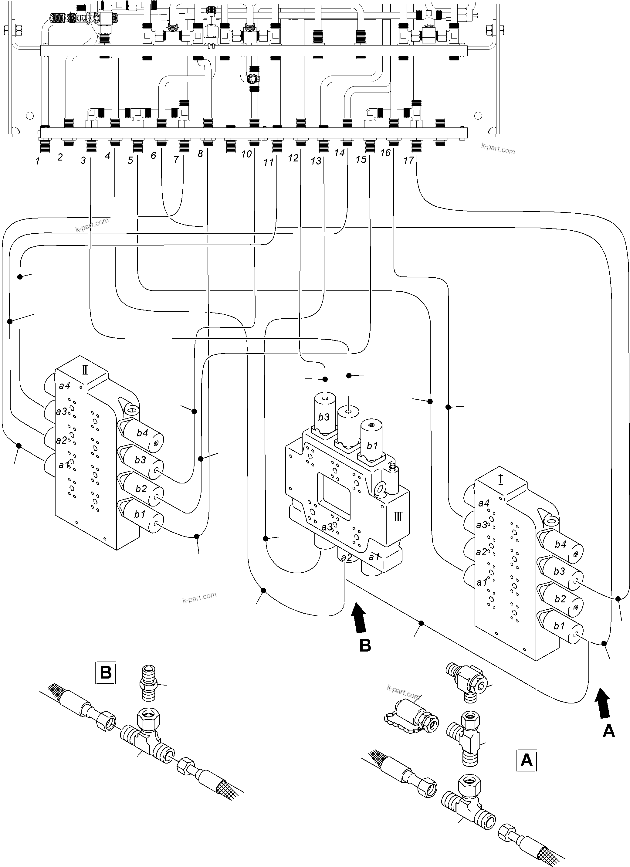 Komatsu parts book diagram for PC3000-6 S/N 06217: CONTROL LINES CONTROL BLOCKS - PILOT CONTROL PLATE (BE)