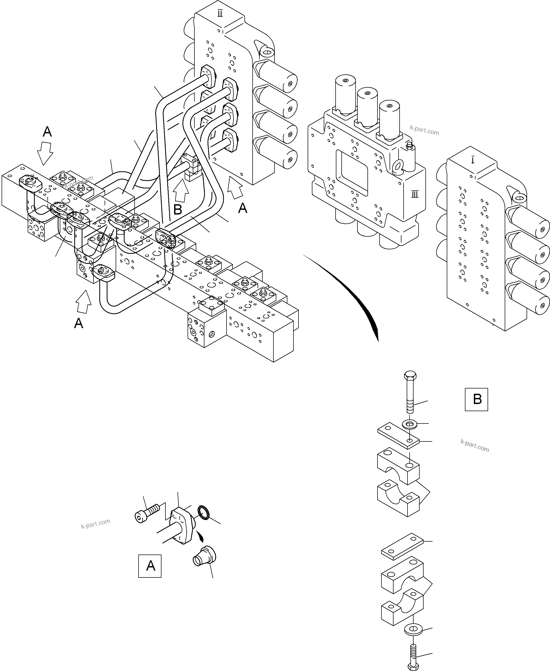 Komatsu parts book diagram for PC3000-6 S/N 06217: PRESSURE LINES - CONTROL BLOCKS - MANIFOLD