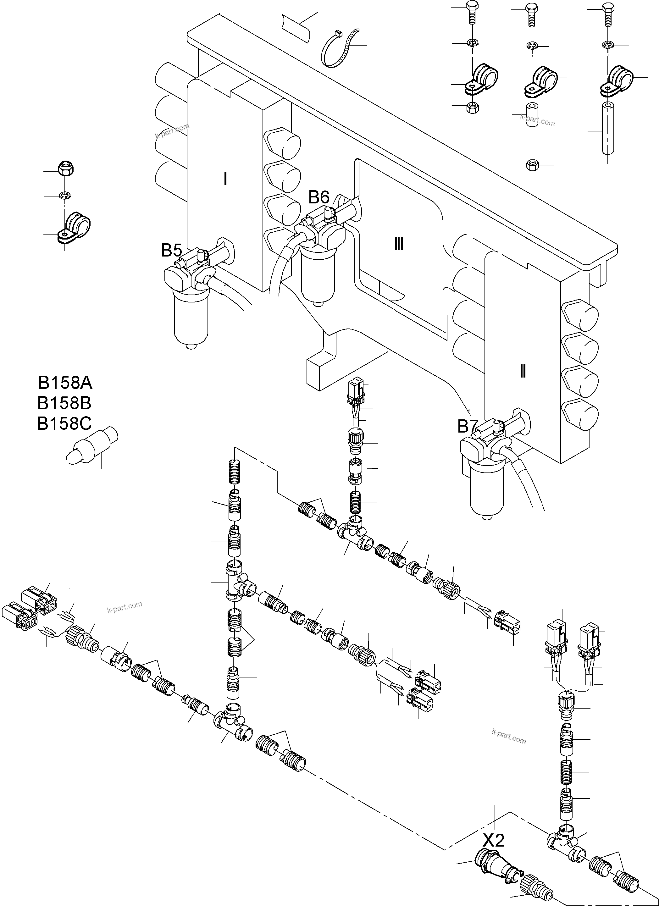 Komatsu parts book diagram for PC3000-6 S/N 06217: CABLES - SUPPORT, CONTROL UNIT - H.P. FILTER