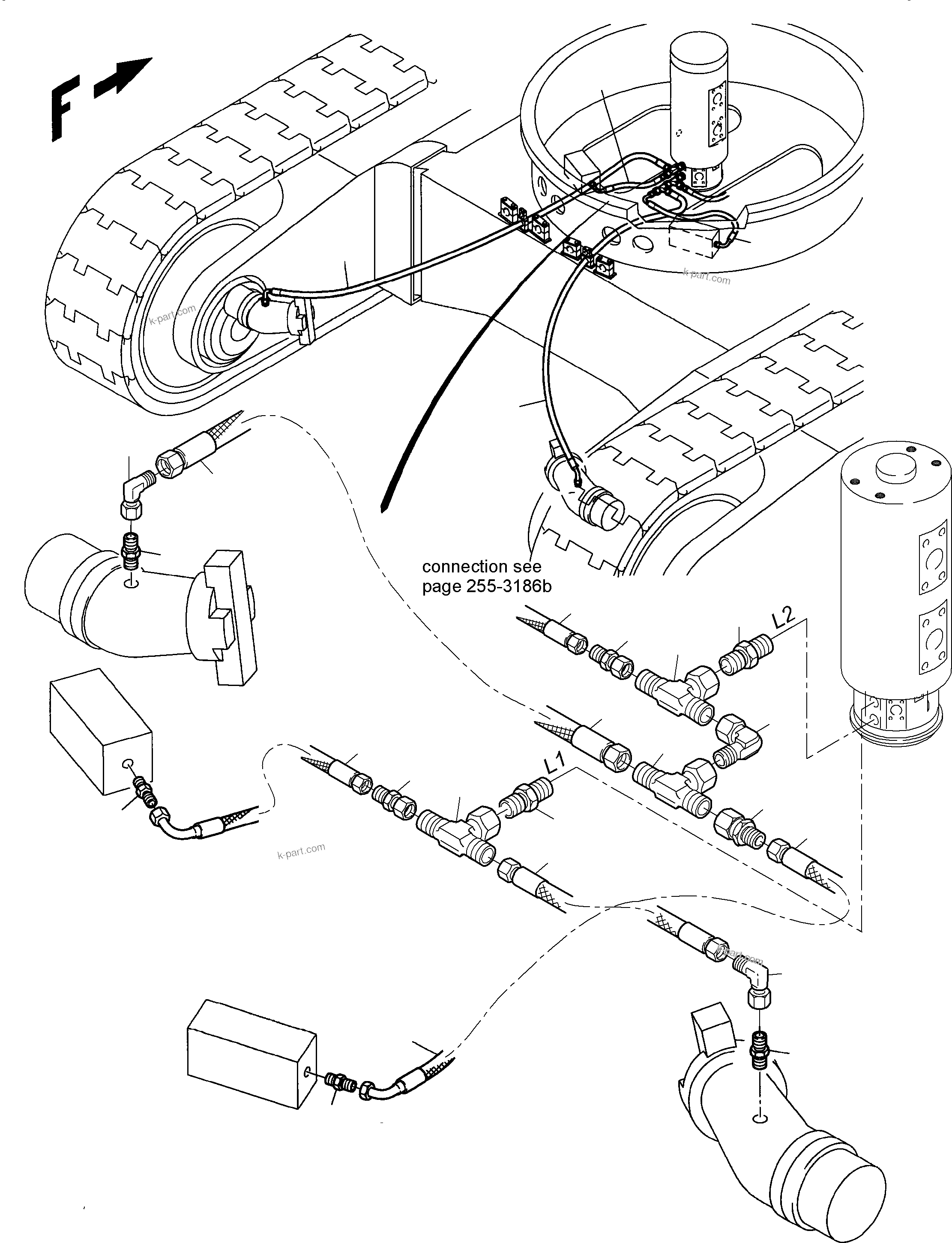 Komatsu parts book diagram for PC3000-6E S/N 06361: DRIVE MOTOR, BRAKE VALVE - LEAKAGE LINES