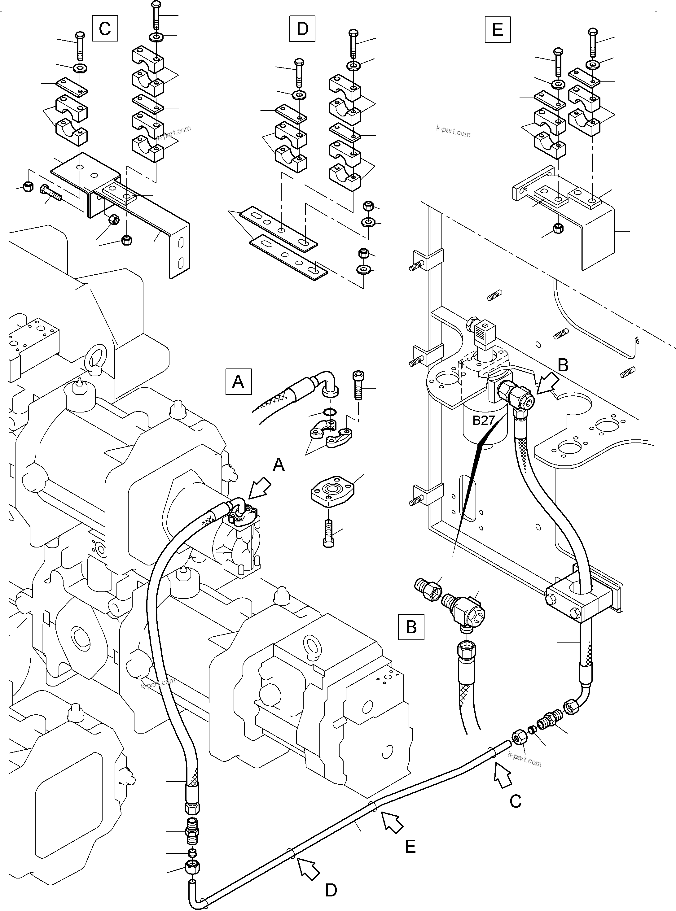 Komatsu parts book diagram for PC3000-6E S/N 06361: PRESSURE LINES (P) -TRANSMISSION OIL PUMP