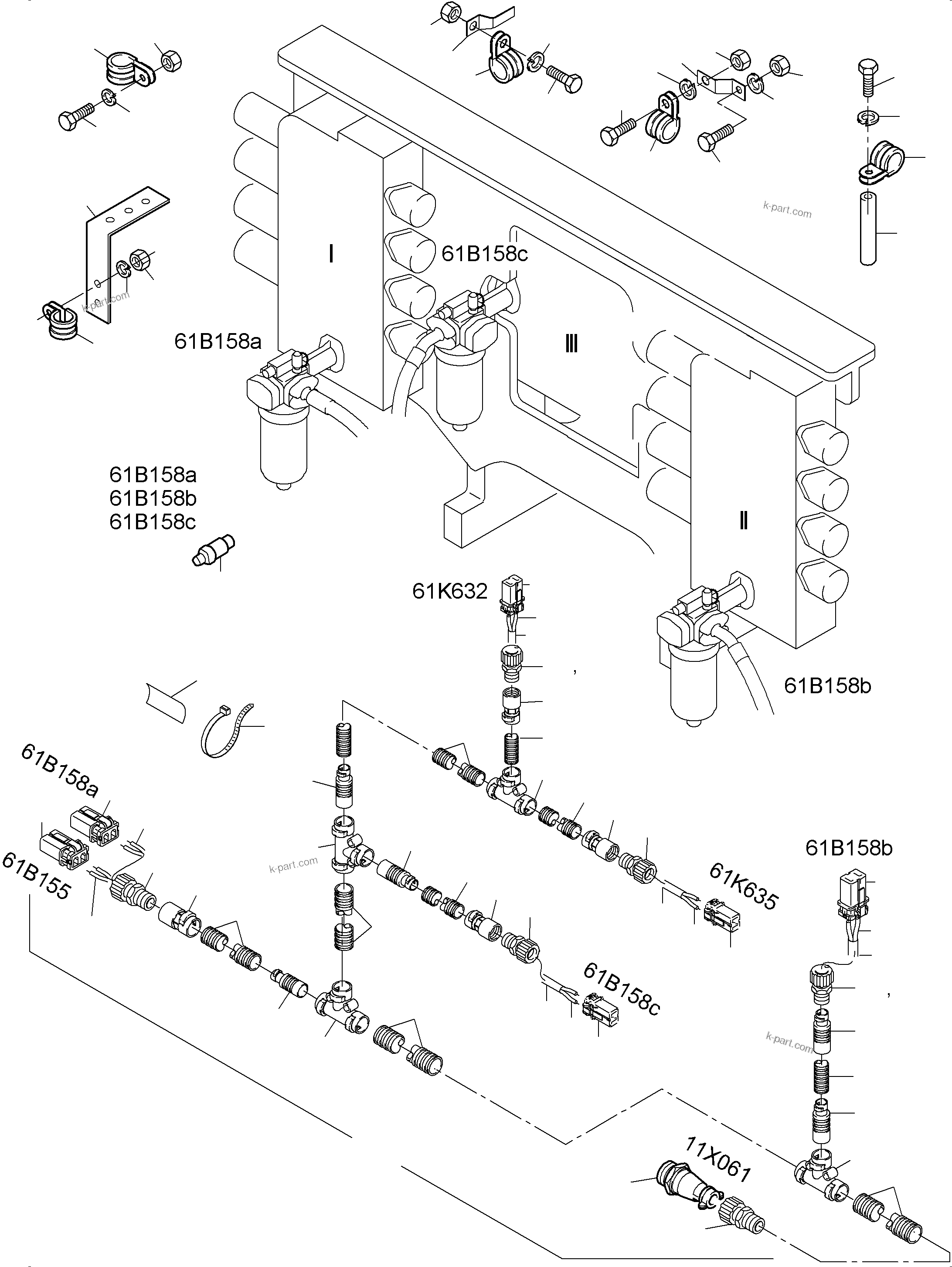 Komatsu parts book diagram for PC3000-6 S/N 06377: CABLES - SUPPORT, CONTROL UNIT - H.P. FILTER