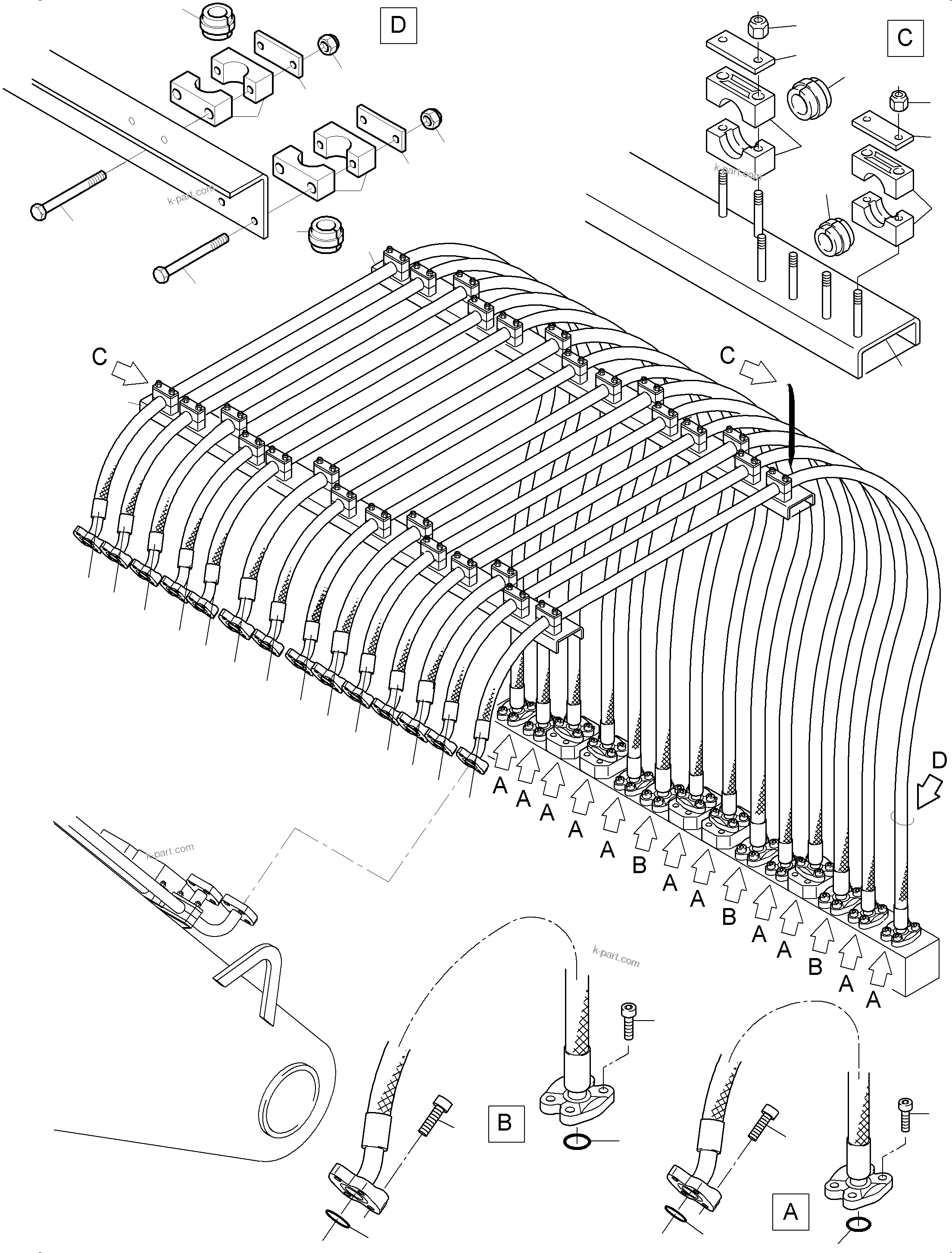 Komatsu parts book diagram for PC3000-6 S/N 06381: HOSES LINES -MANIFOLD - BOOM (BBE)