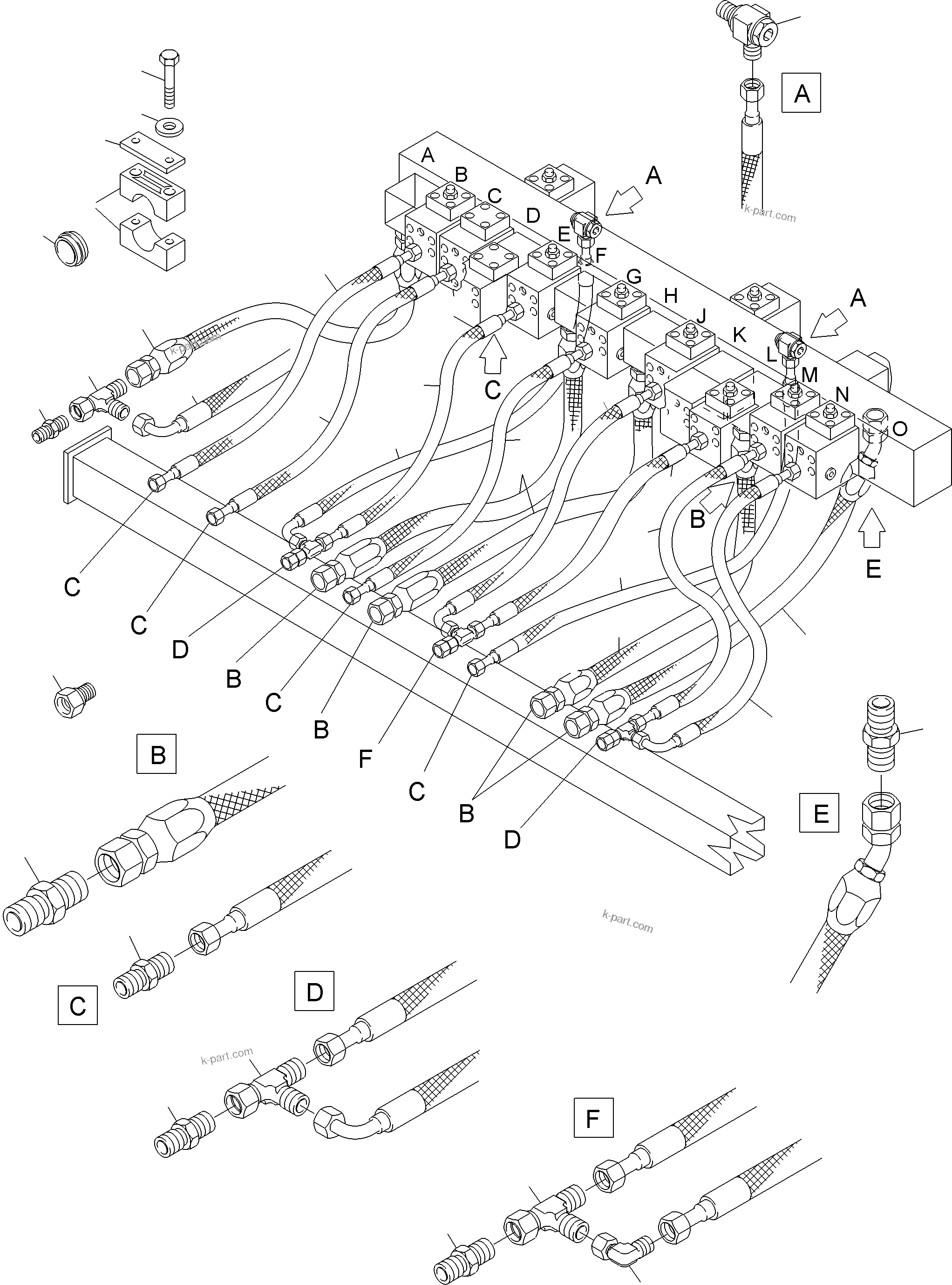 Komatsu parts book diagram for PC3000-6 S/N 06382: RETURN LINES - MANIFOLD (BE)