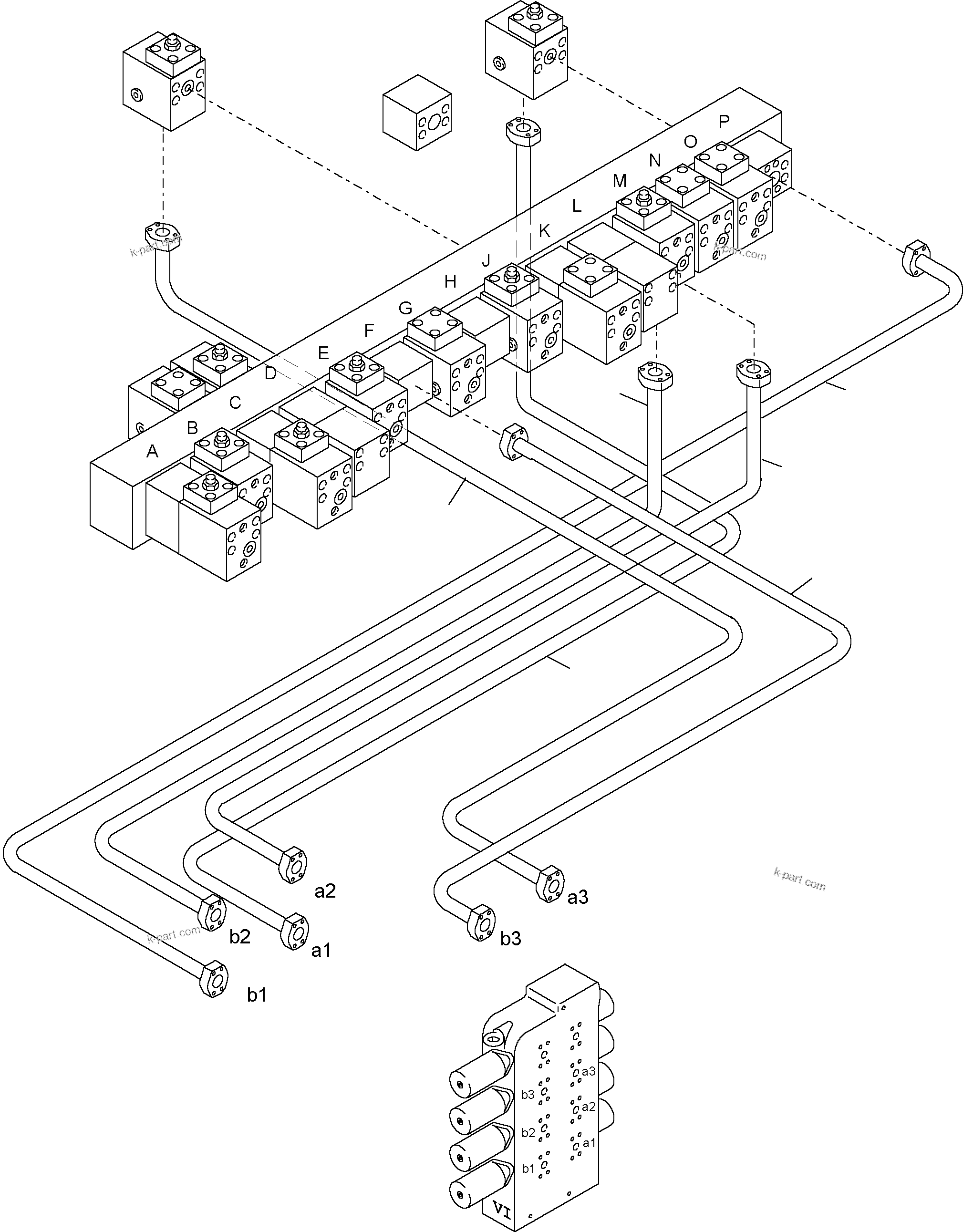 Komatsu parts book diagram for PC4000-6 S/N 08164: PRESSURE LINES CONTROL BLOCKS MAINFOLD