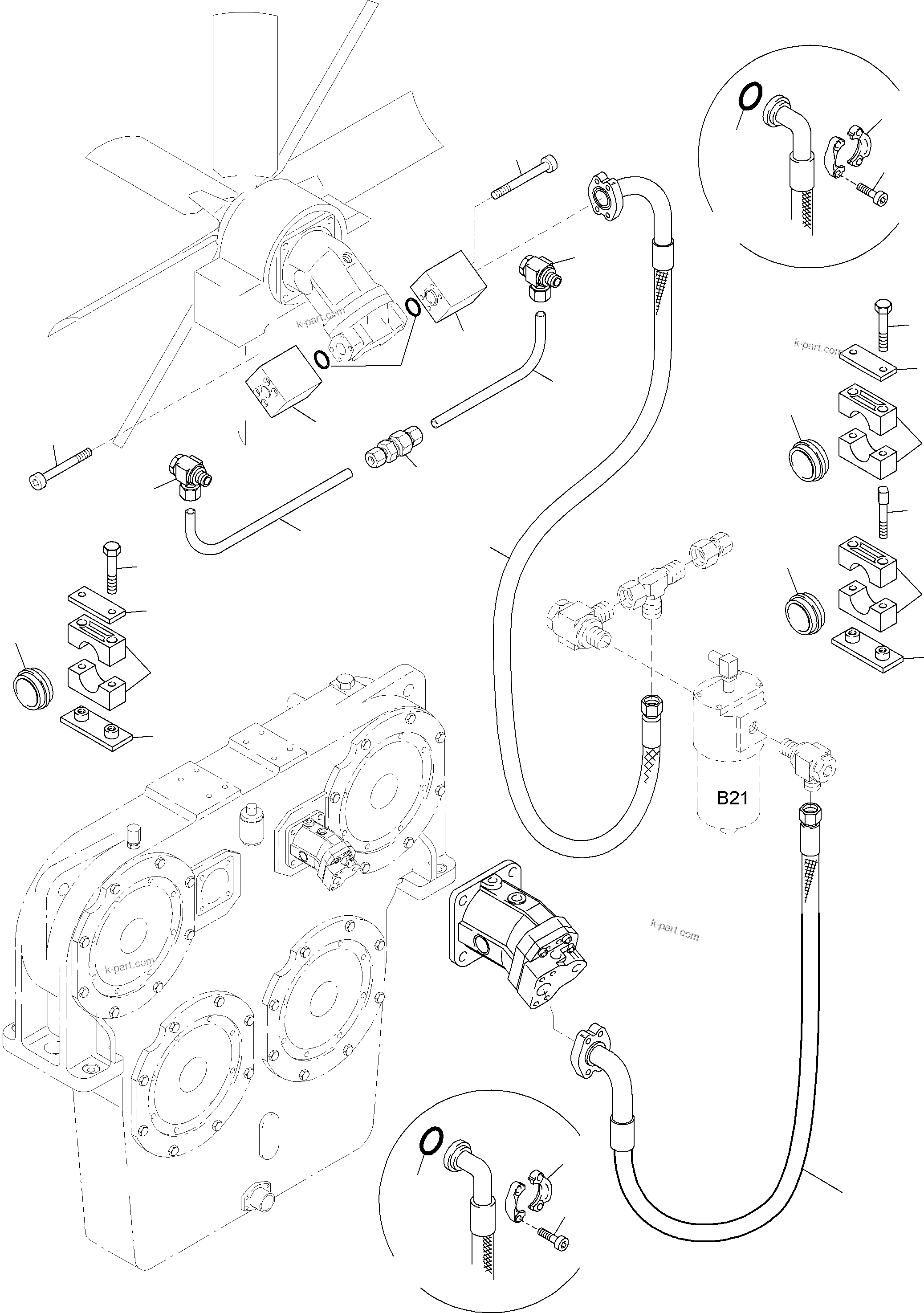 Komatsu parts book diagram for PC4000-6 S/N 08177: LINES - FAN MOTORS, FAN PUMP (RADIATOR)