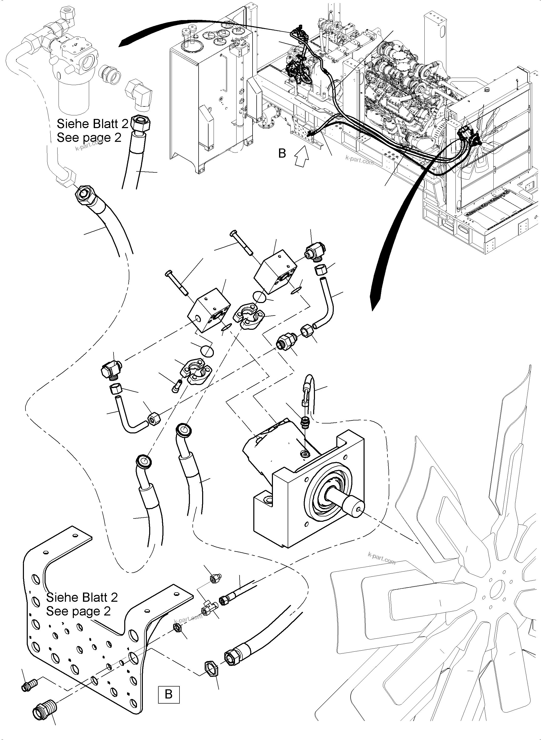 Komatsu parts book diagram for PC4000-11 S/N 08302: LINES - FAN MOTORS, FAN PUMP (RADIATOR)