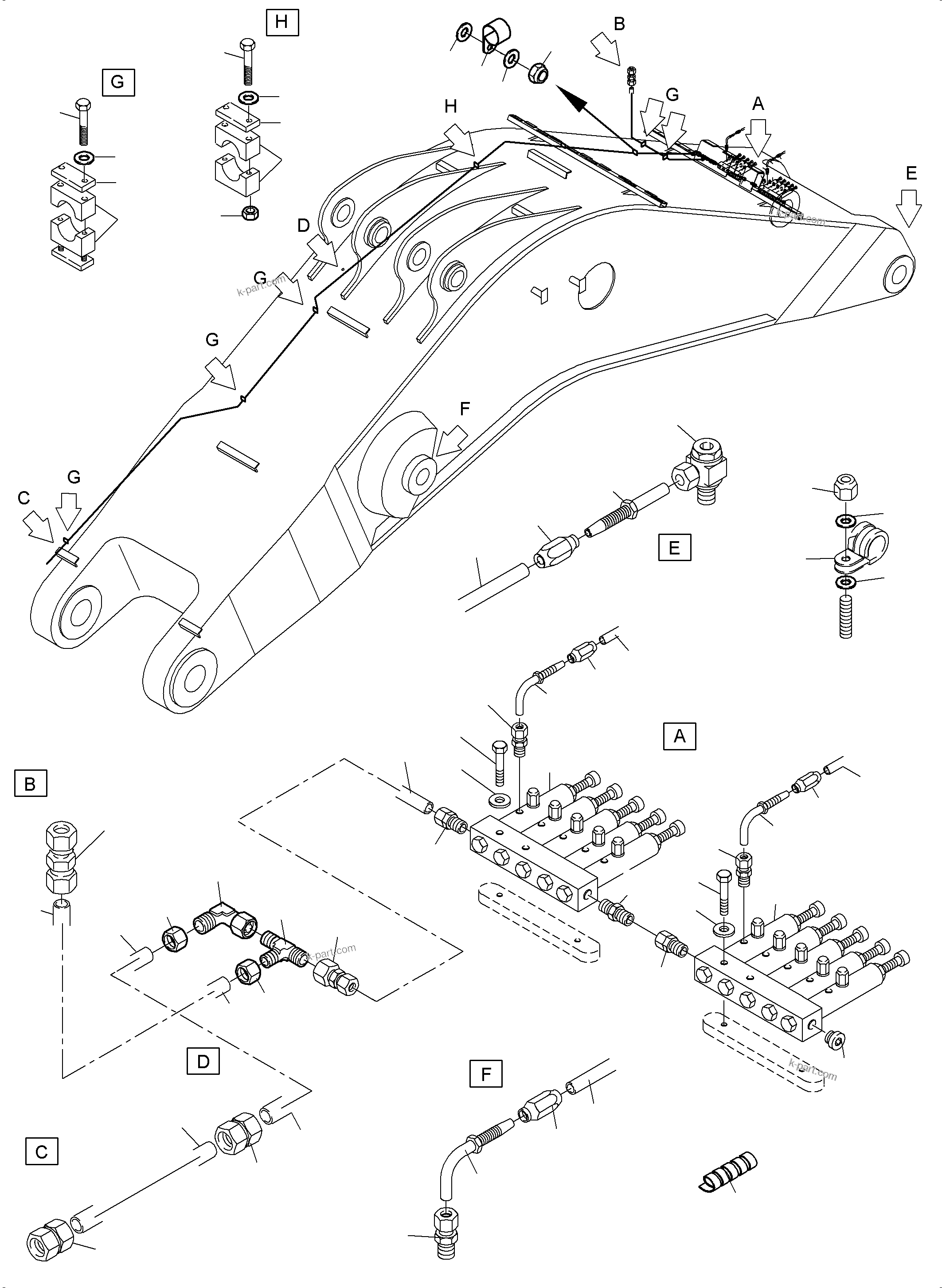 Komatsu parts book diagram for PC4000-11 S/N 08312: BOOM - LUBE LINES, BE - 9.75M
