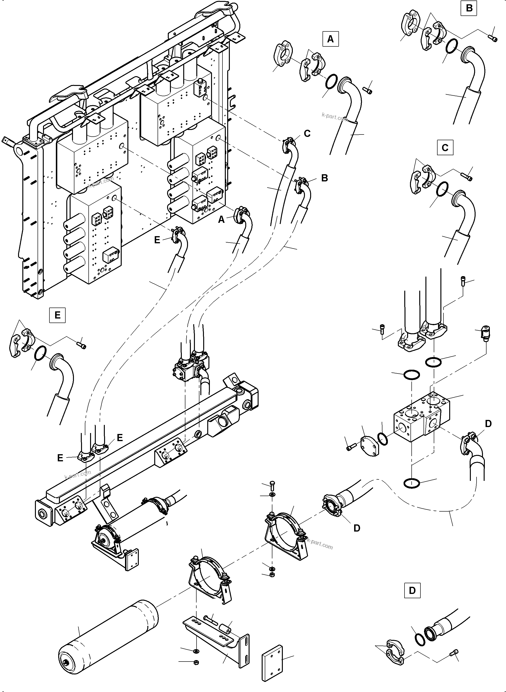 Komatsu parts book diagram for PC4000-11 S/N 08312: RETURN LINES - CONTROL BLOCK, - TANK