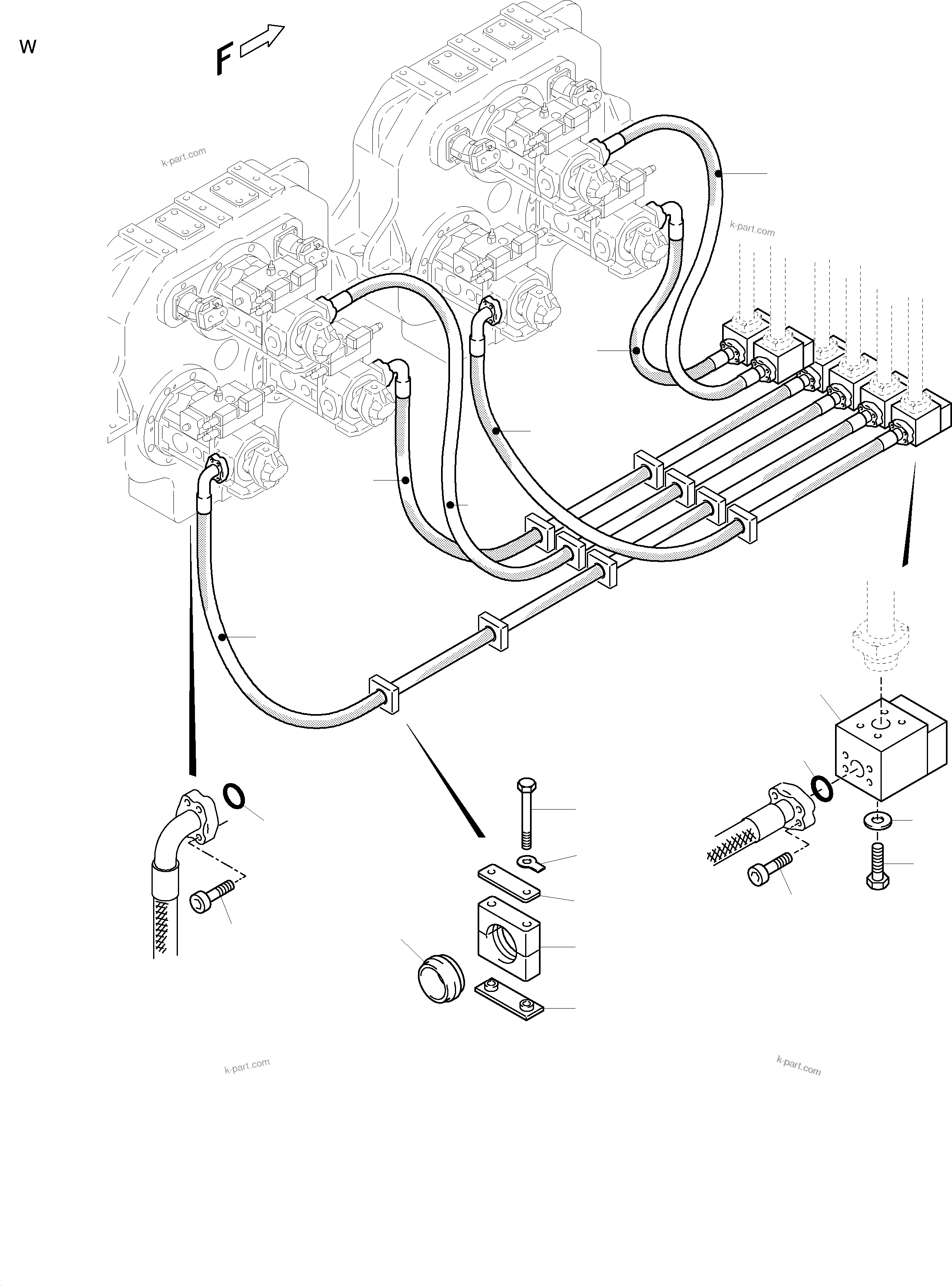 Komatsu parts book diagram for H455S S/N 15005: PRESSURE LINES, MAIN PUMPS - NON RETURN VALVES