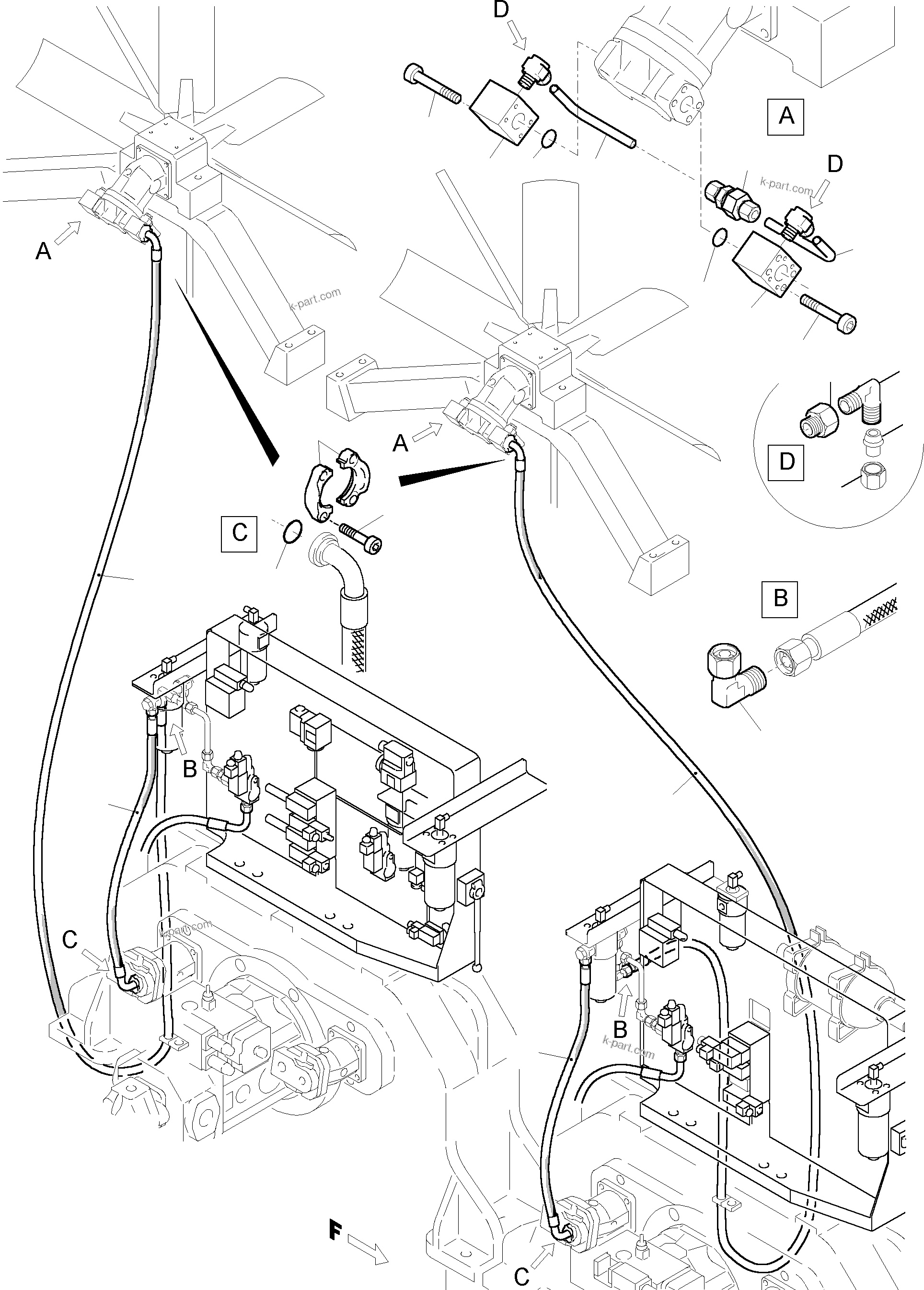 Komatsu parts book diagram for PC5500-6 S/N 15017: PRESSURE LINES - FAN MOTORS (RADIATOR)
