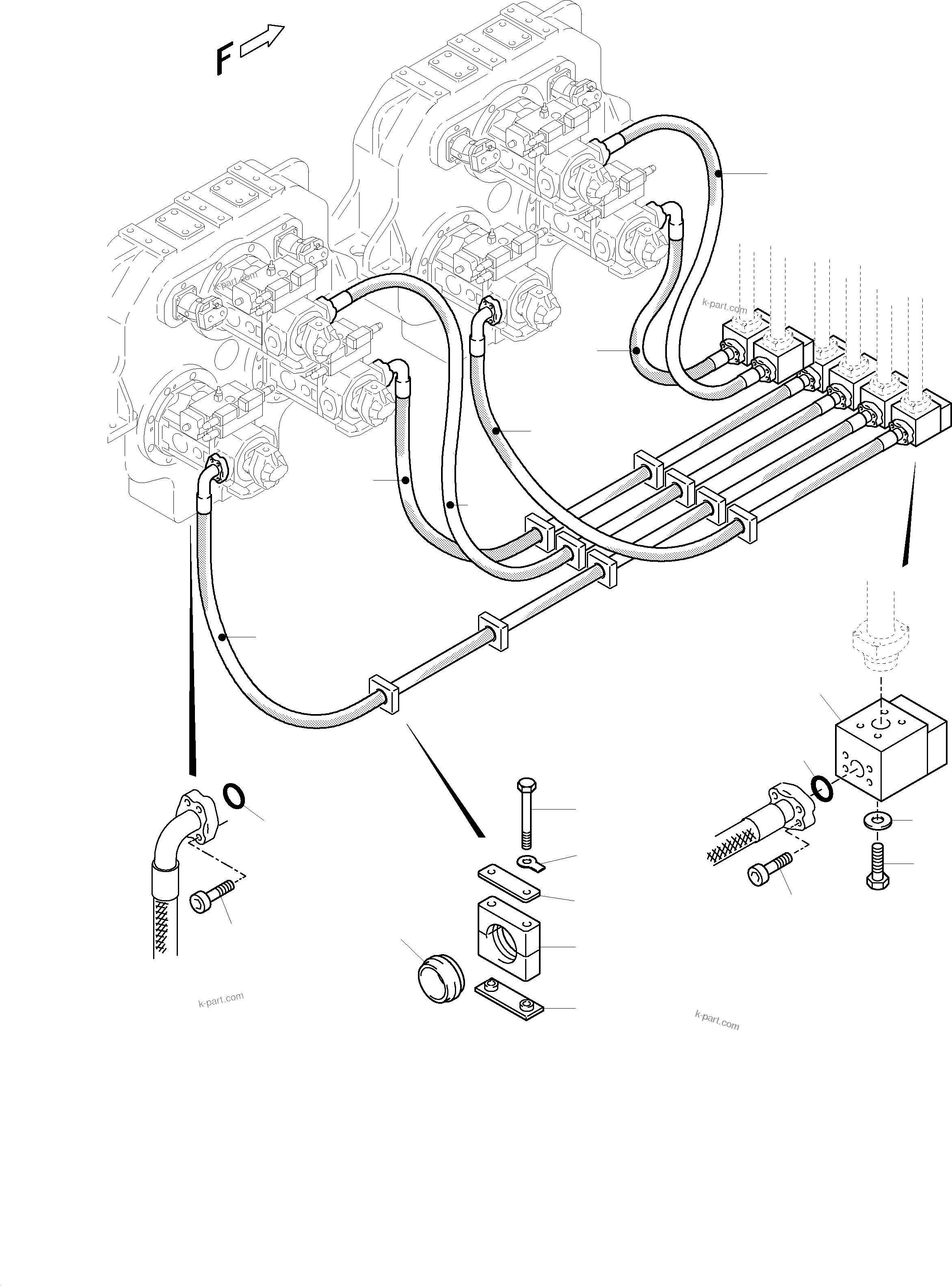 Komatsu parts book diagram for PC5500-6 S/N 15019: PRESSURE LINES, MAIN PUMPS - NON RETURN VALVES