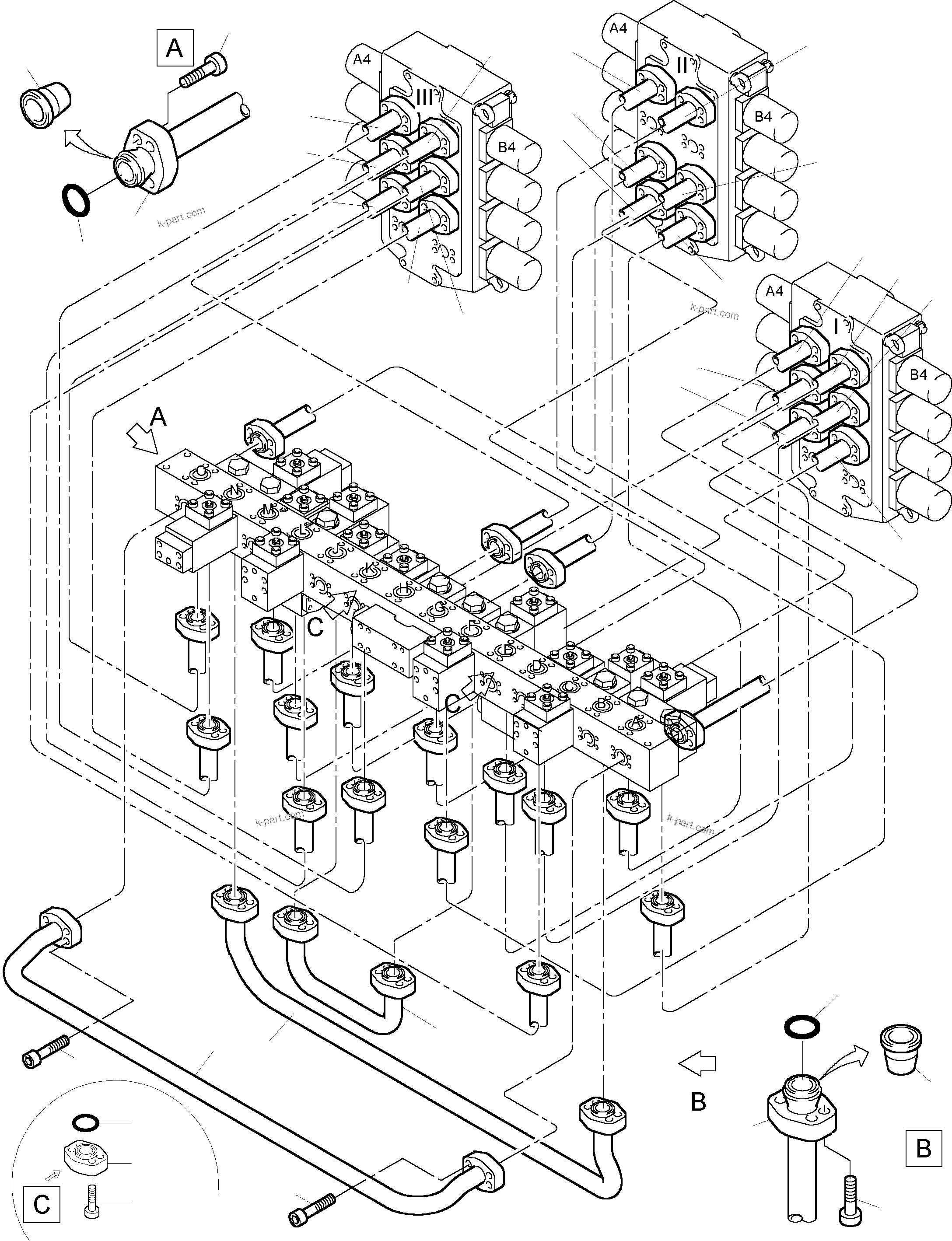 Komatsu parts book diagram for PC5500-6 S/N 15024: PRESSURE LINES, CONTROL BLOCKS - MANIFOLD B.H.