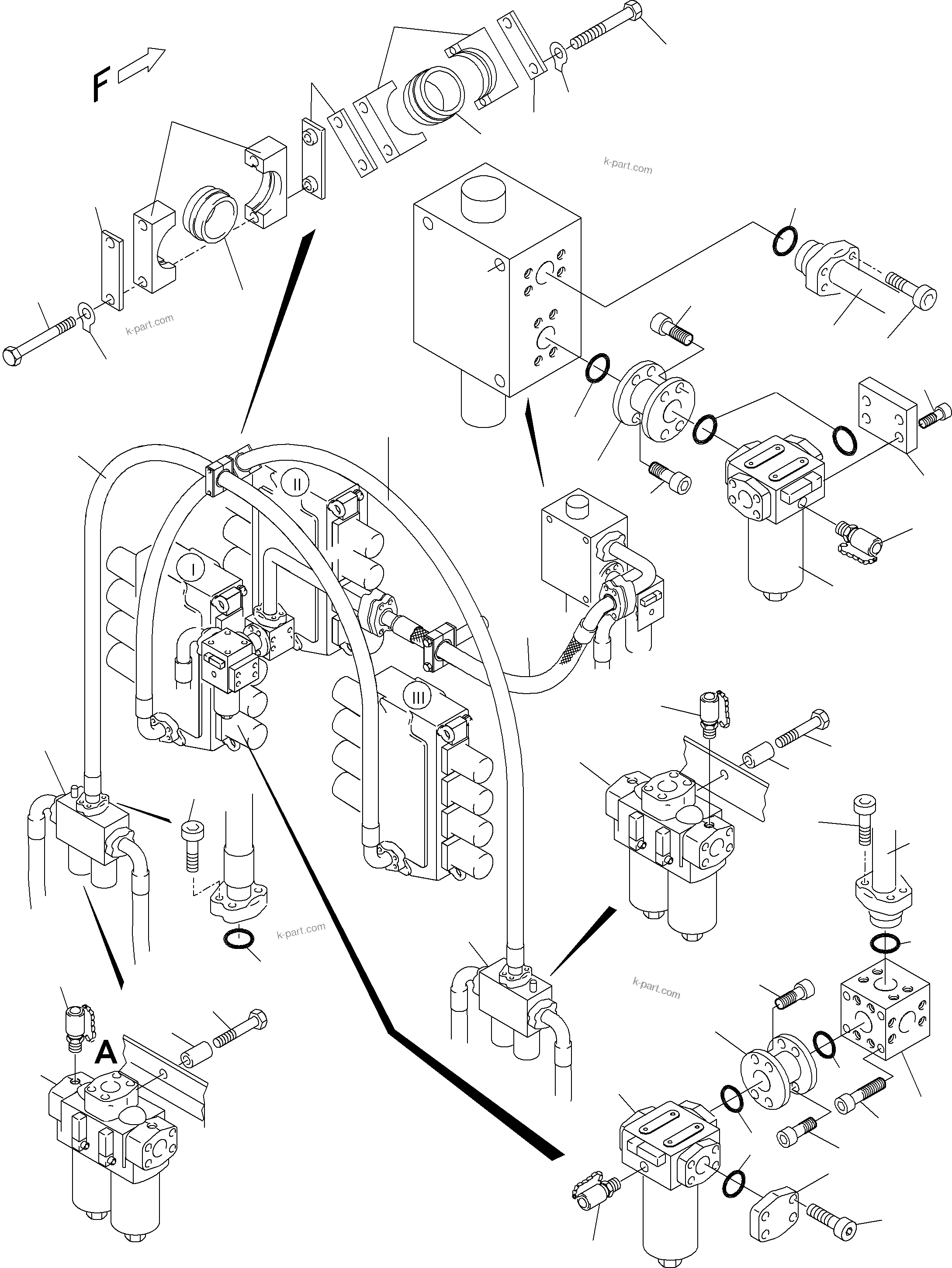 Komatsu parts book diagram for PC5500-6E S/N 15048: PRESSURE LINES, H.P. FILTER - CONTROL BLOCKS
