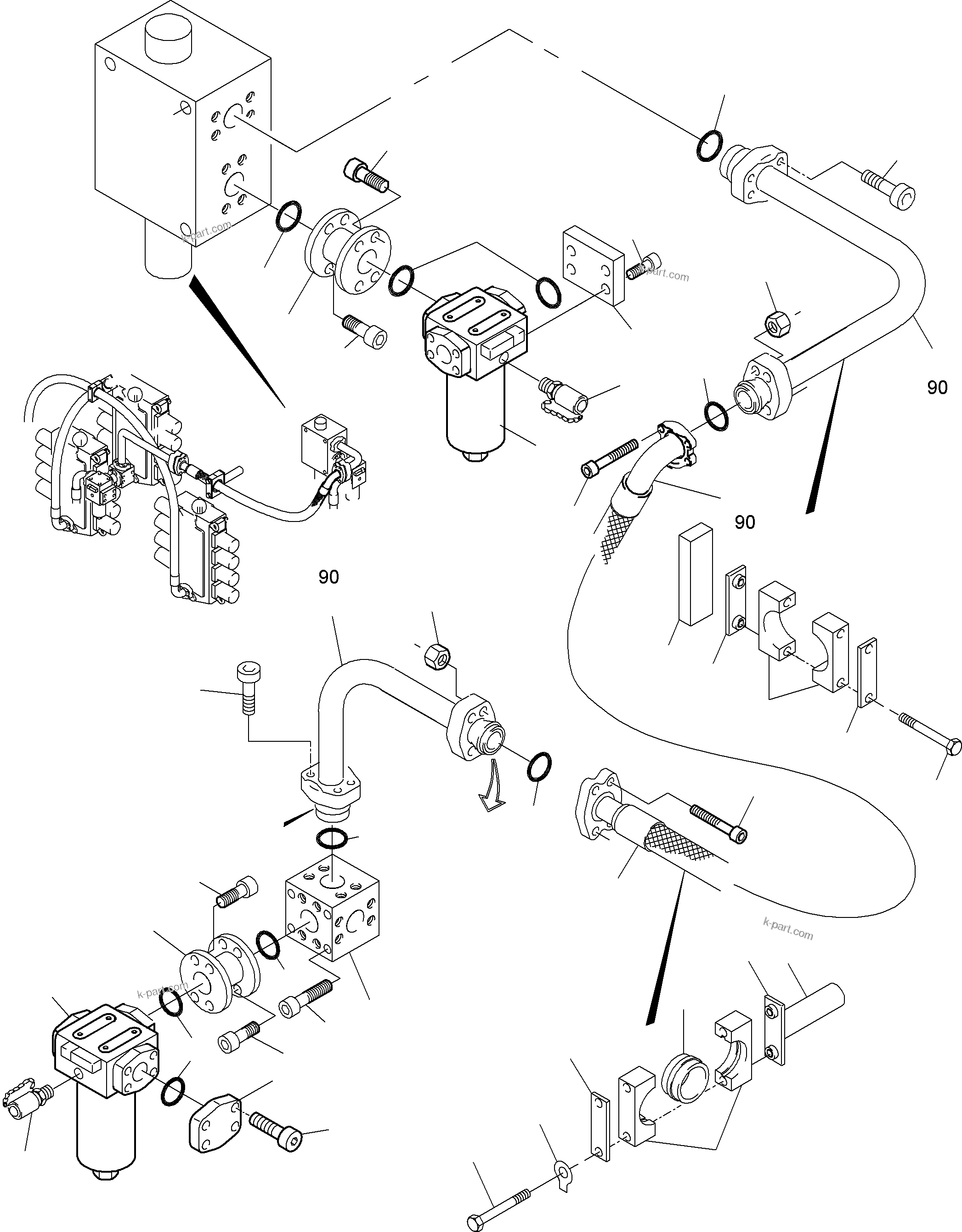 Komatsu parts book diagram for PC5500-6E S/N 15048: PRESSURE LINES, H.P. FILTER - CONTROL BLOCKS
