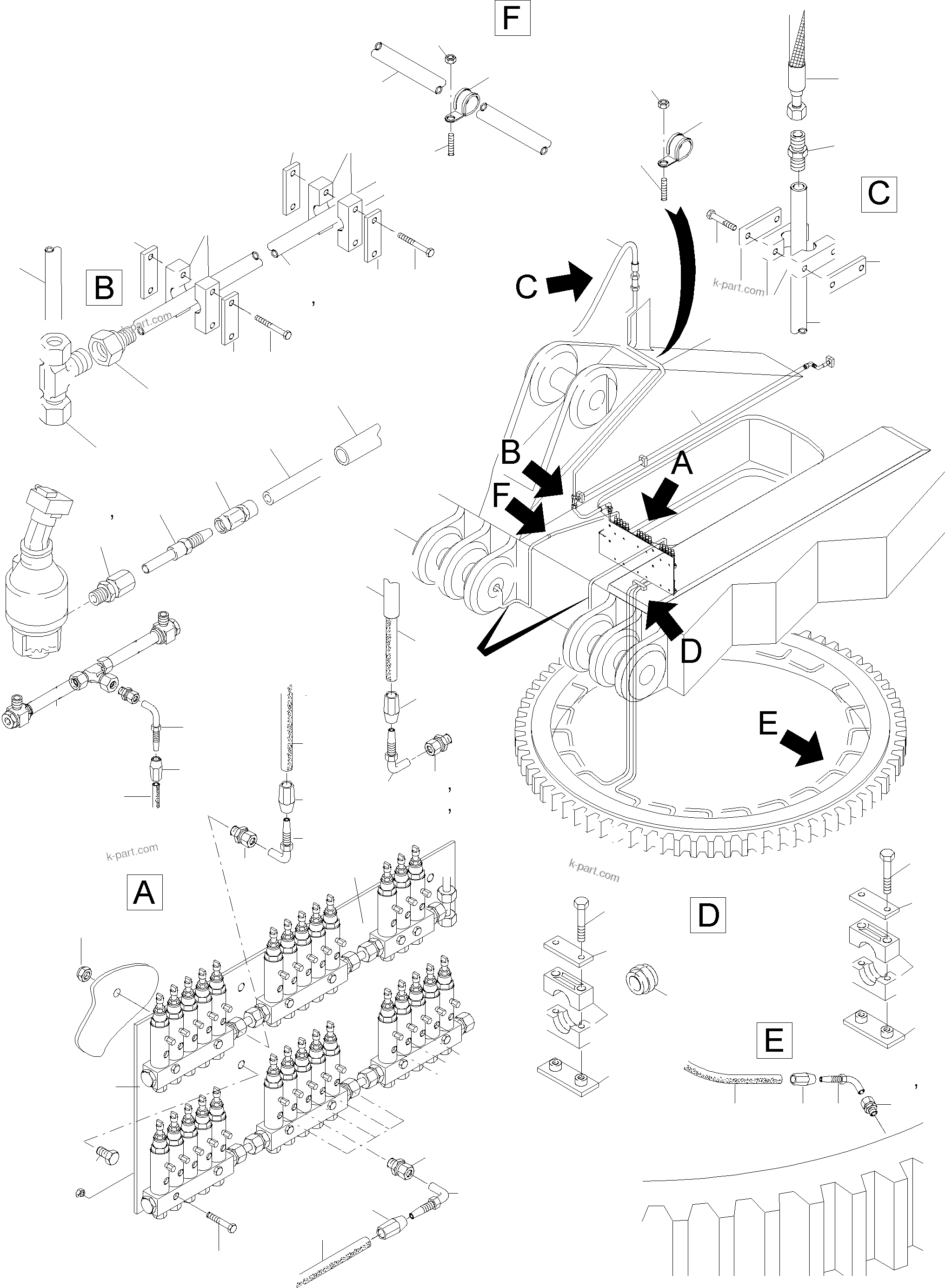 Komatsu parts book diagram for PC5500-6E S/N 15048: LUBE DISTRIBUTOR SLEW RING