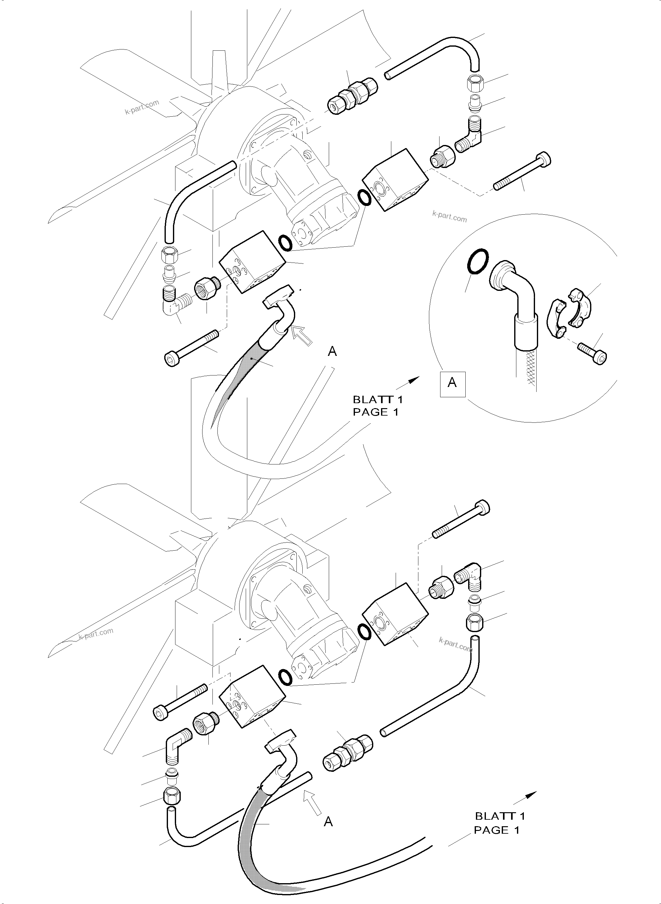 Komatsu parts book diagram for PC5500-6 S/N 15049: PRESSURE LINES - FAN MOTORS (OIL COOLER)