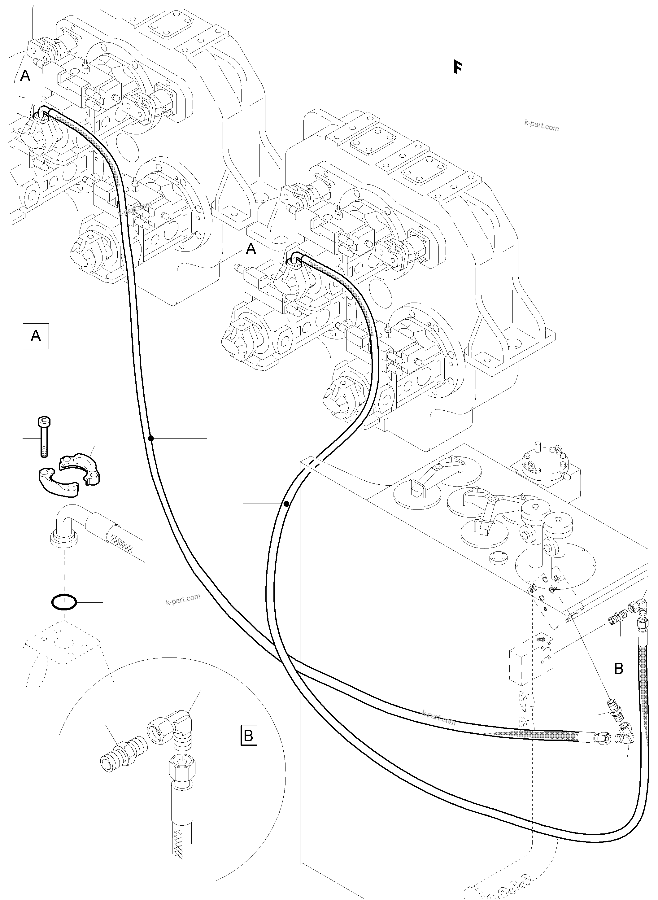 Komatsu parts book diagram for PC5500-6 S/N 15049: PRESSURE LINES, CIRCULATION PUMPS
