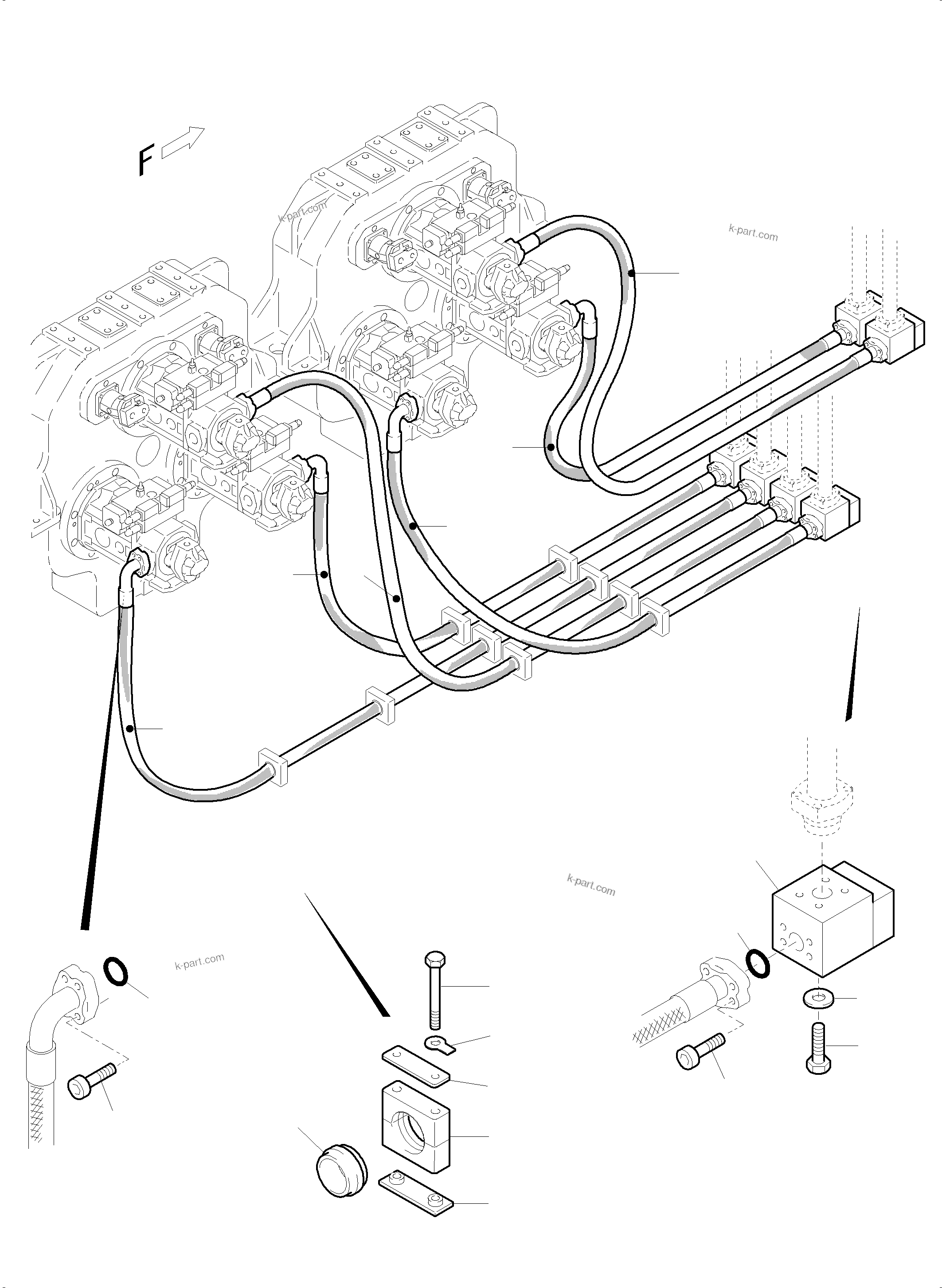 Komatsu parts book diagram for PC5500-6 S/N 15049: PRESSURE LINES, MAIN PUMPS - NON RETURN VALVES