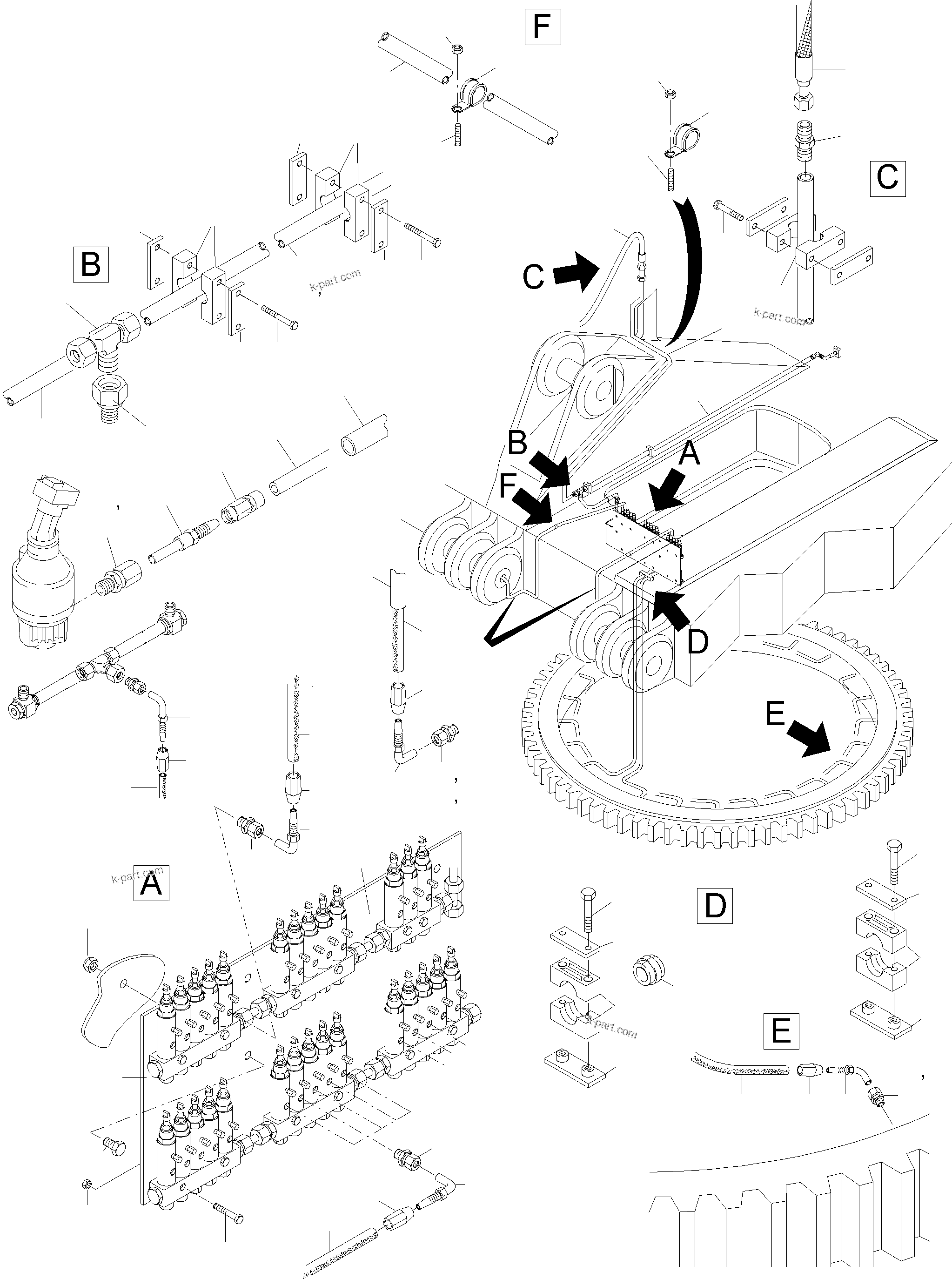 Komatsu parts book diagram for PC5500-6 S/N 15049: LUBE DISTRIBUTOR SLEW RING