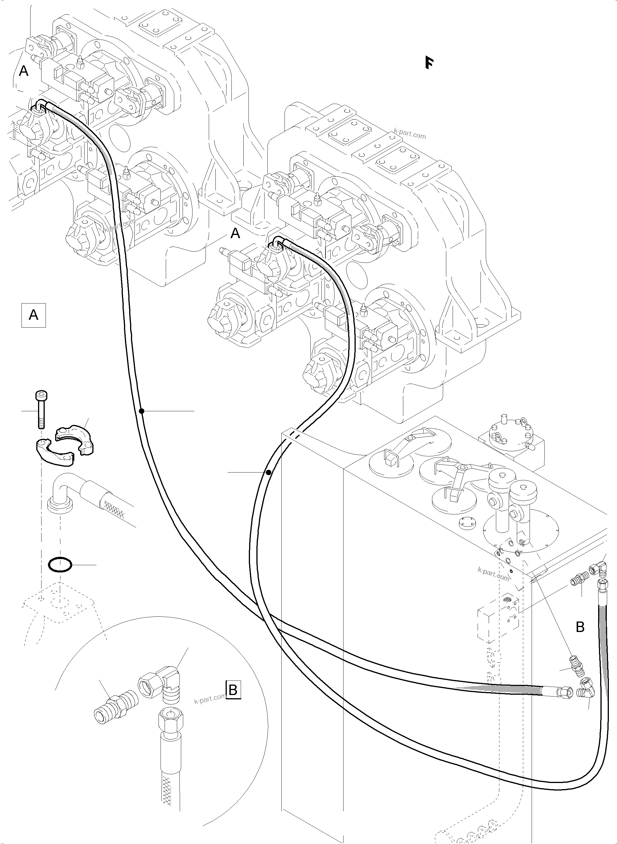 Komatsu parts book diagram for PC5500-6 S/N 15056: PRESSURE LINES, CIRCULATION PUMPS