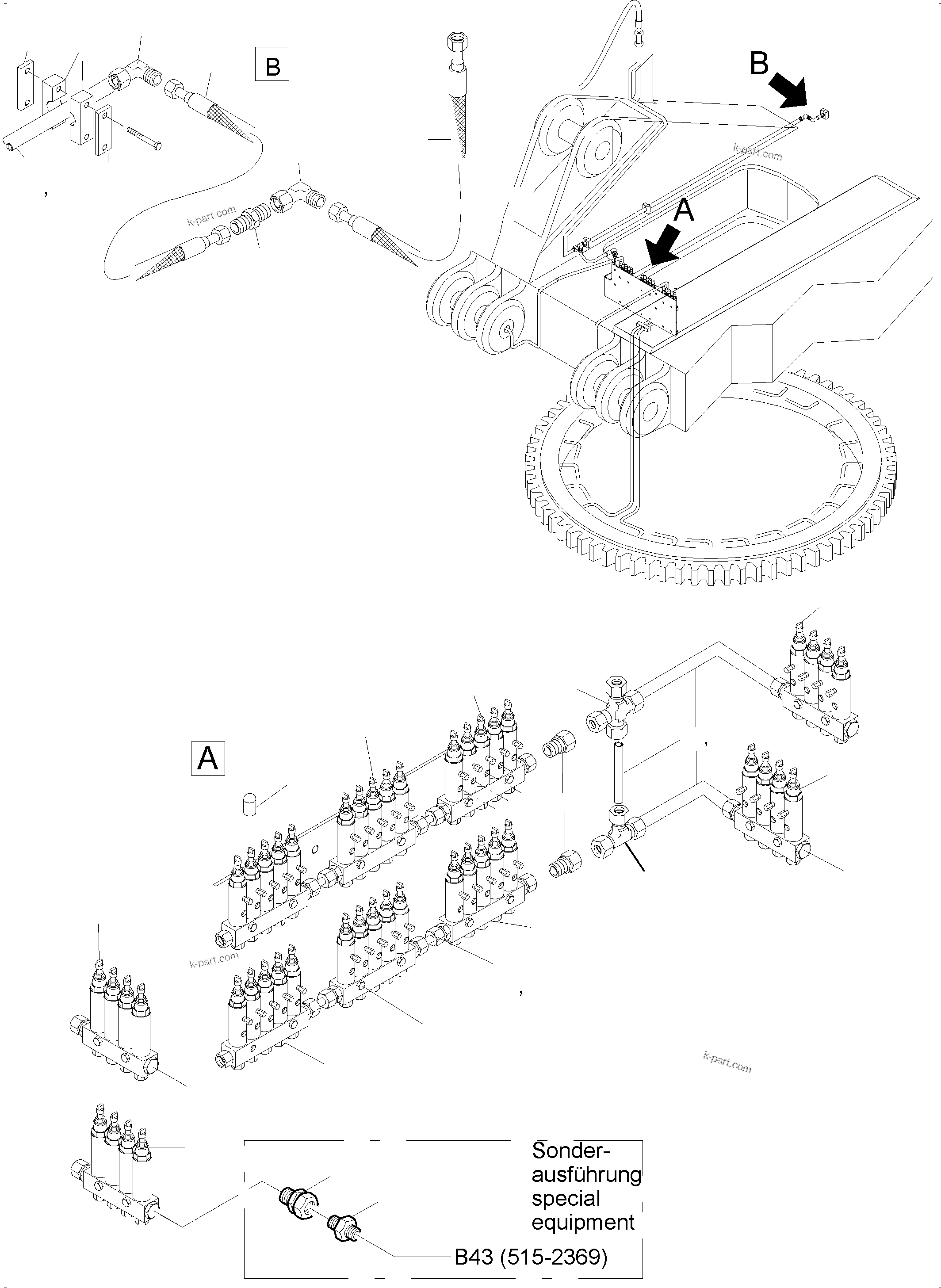 Komatsu parts book diagram for PC5500-6 S/N 15056: LUBE DISTRIBUTOR SLEW RING