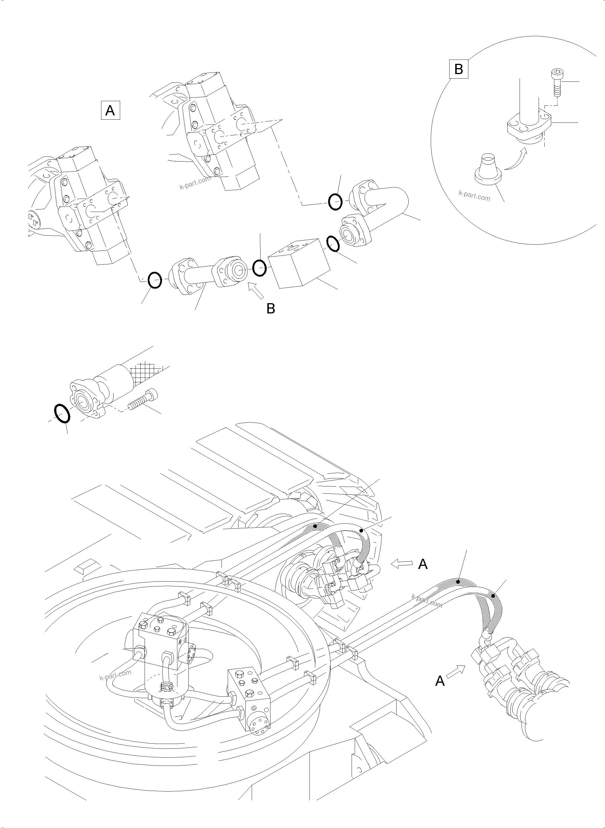 Komatsu parts book diagram for PC5500-6 S/N 15056: PRESSURE LINES, TRAVELMOTORS - ROTARY JOINT