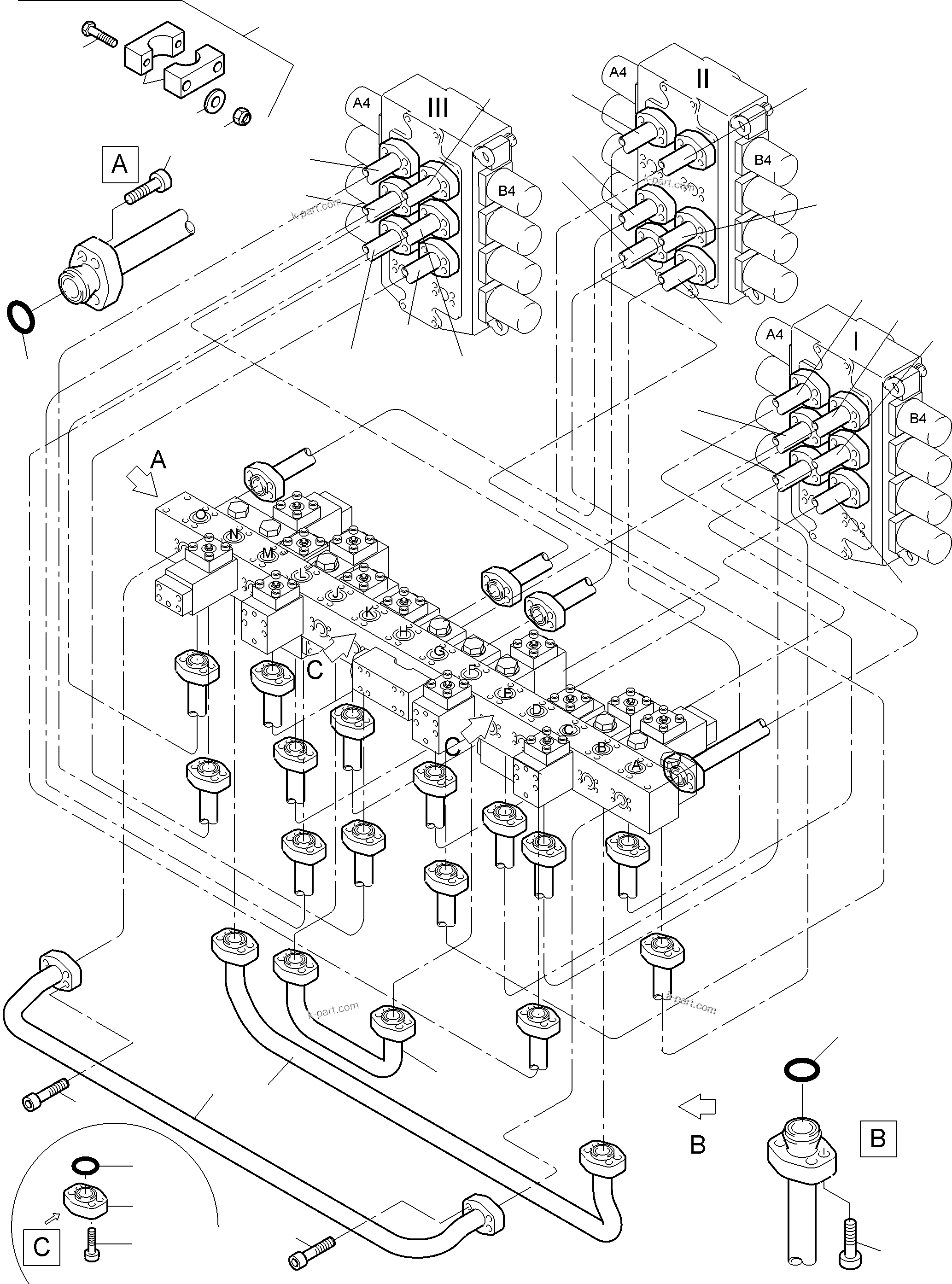 Komatsu parts book diagram for PC5500-6 S/N 15182: PRESSURE LINES, CONTROL BLOCKS - MANIFOLD B.H.