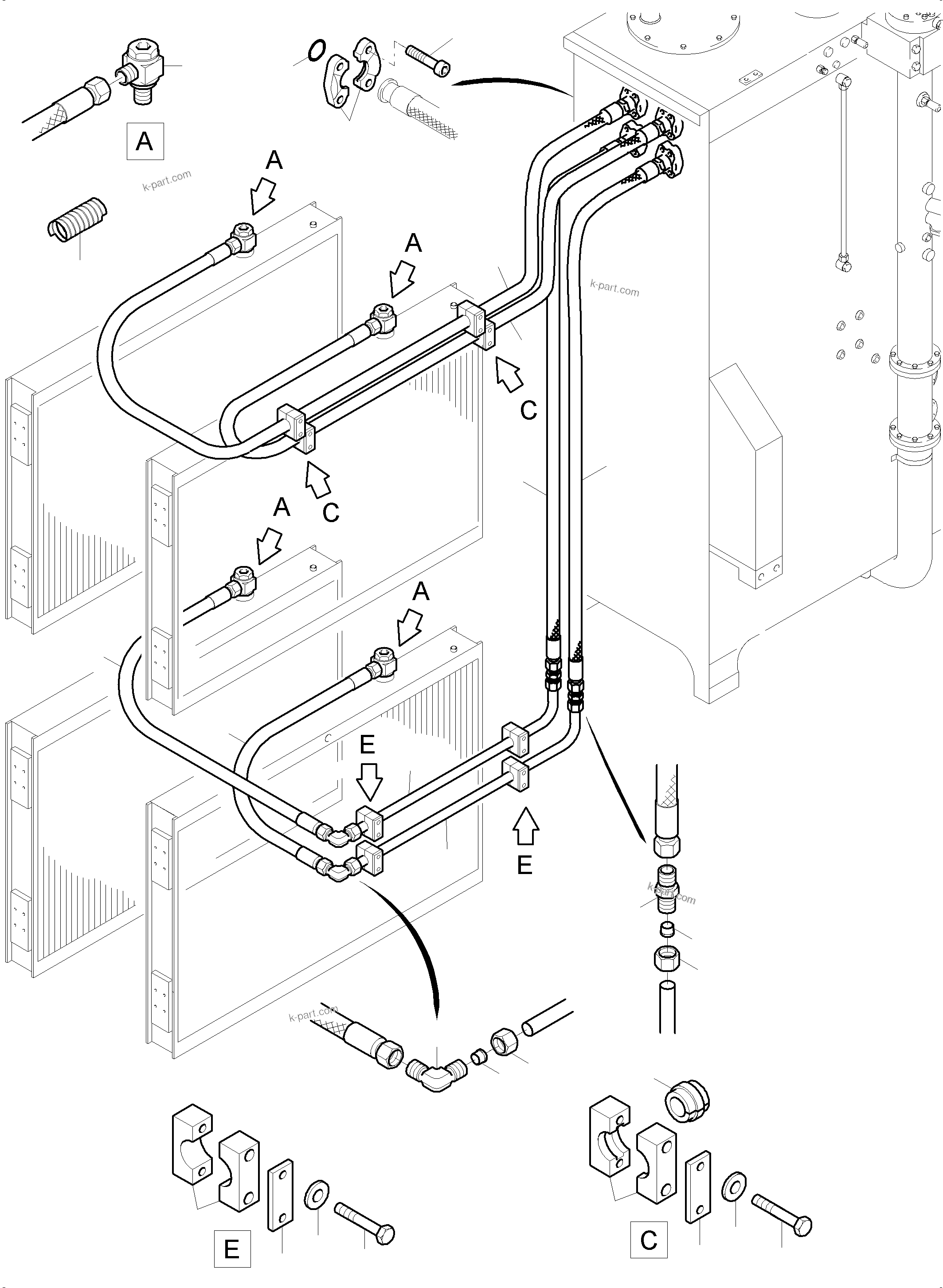 Komatsu parts book diagram for PC5500-6 S/N 15182: OIL COOLER - HOSE ASSY.