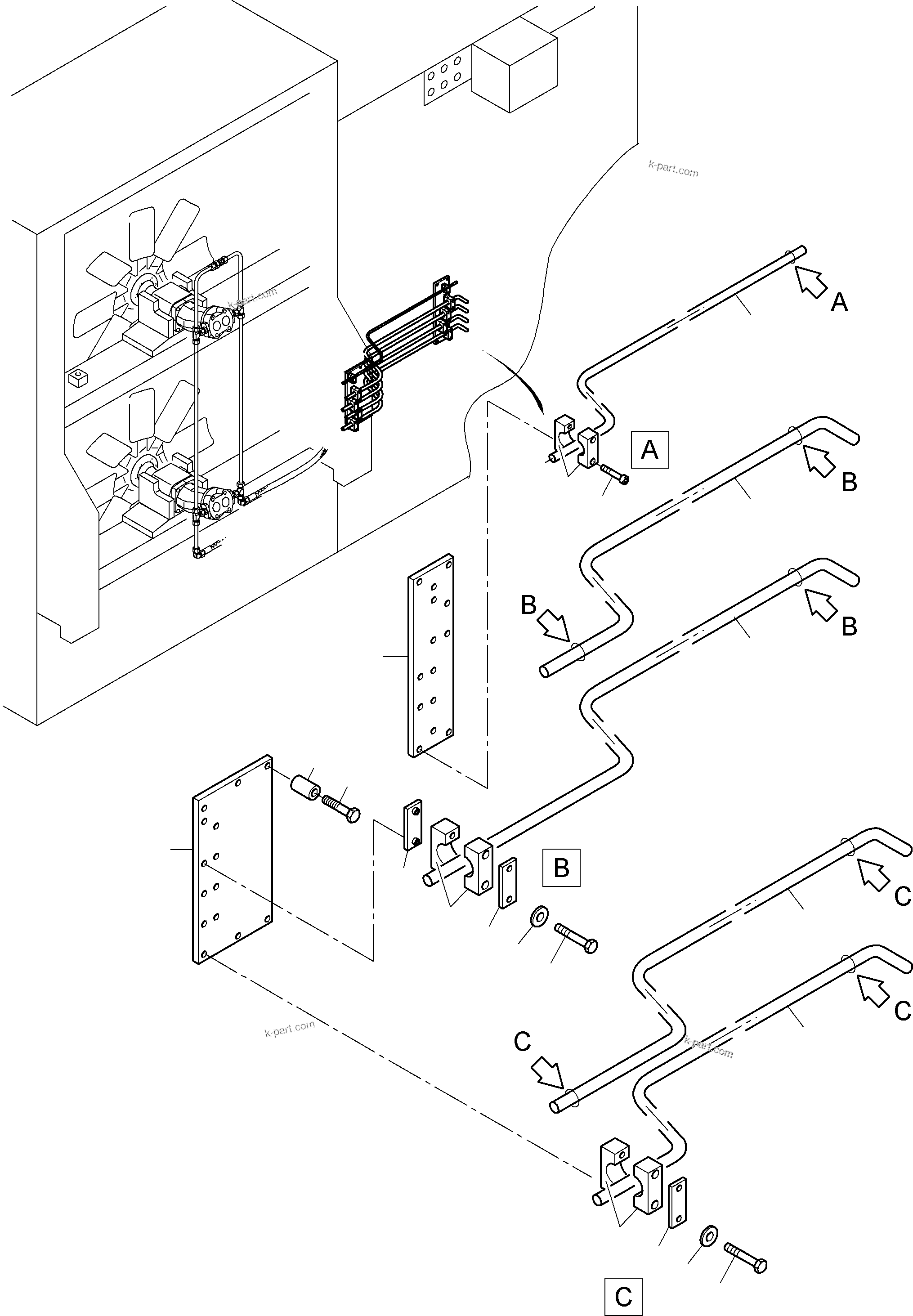 Komatsu parts book diagram for PC3000-6 S/N 46151: PRESSURE LINES - FAN MOTORS, FAN PUMP