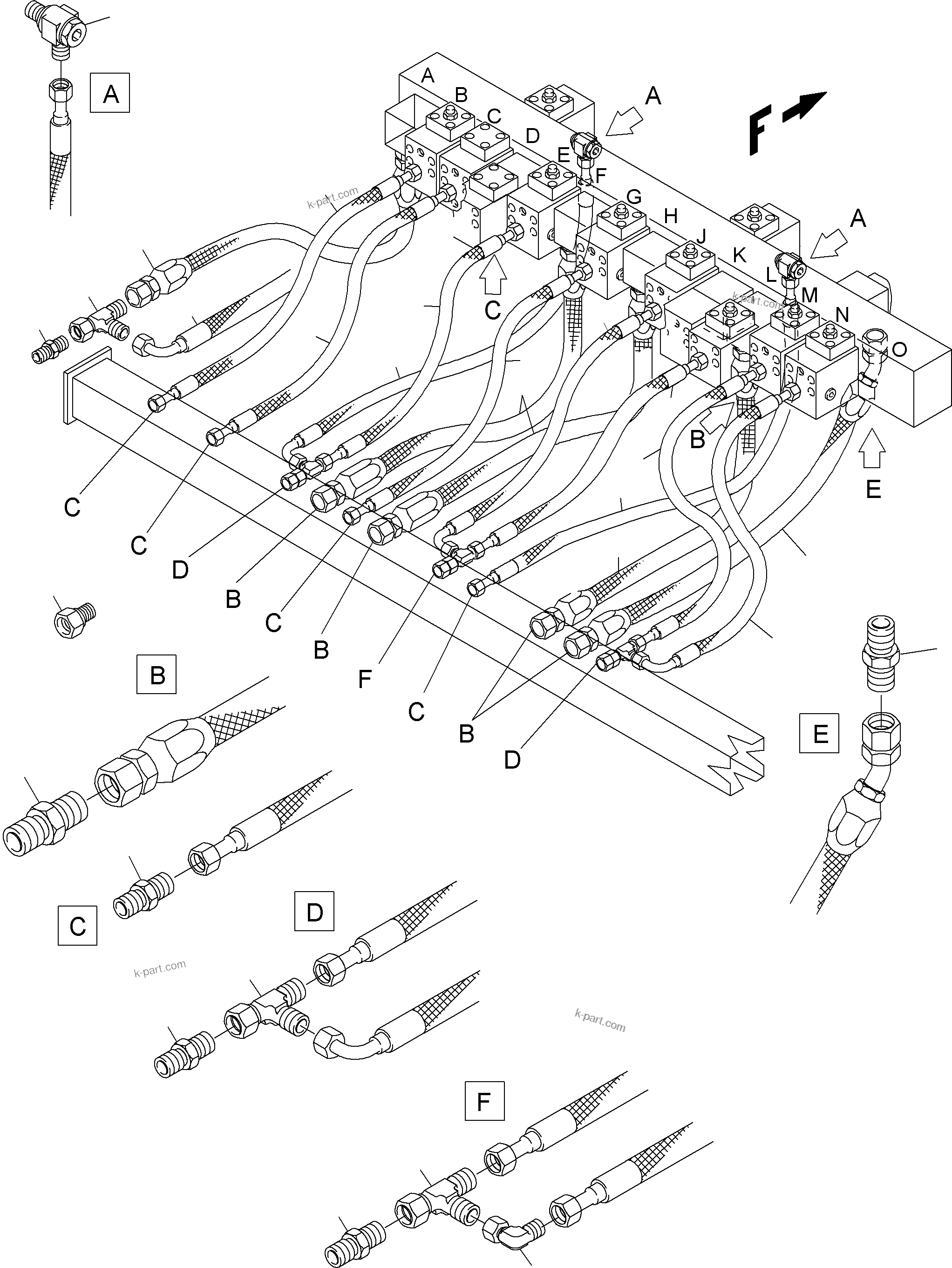 Komatsu parts book diagram for PC3000-6 S/N 46151: RETURN LINES - MANIFOLD (BE)