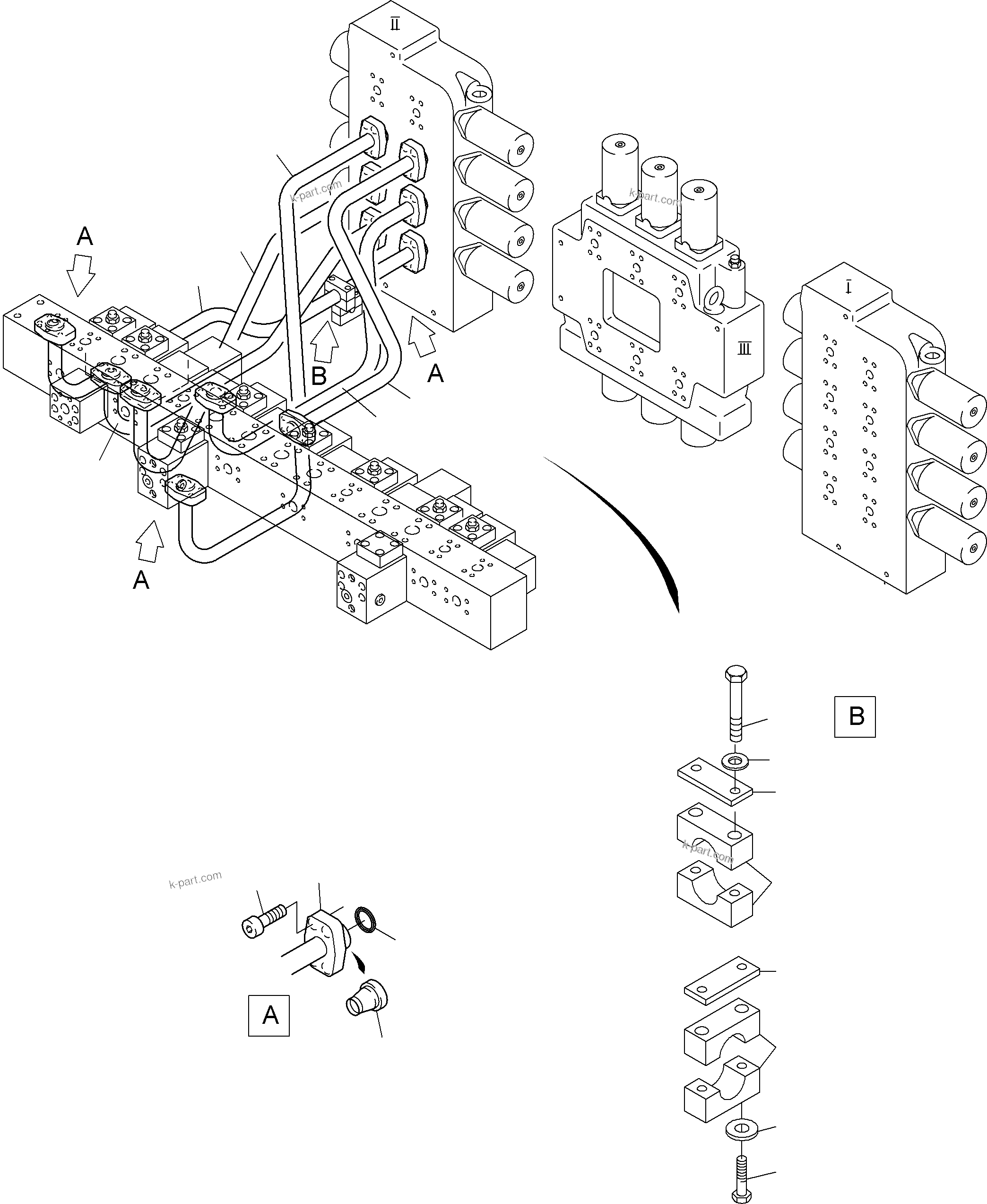 Komatsu parts book diagram for PC3000-6 S/N 46151: PRESSURE LINES - CONTROL BLOCKS - MANIFOLD
