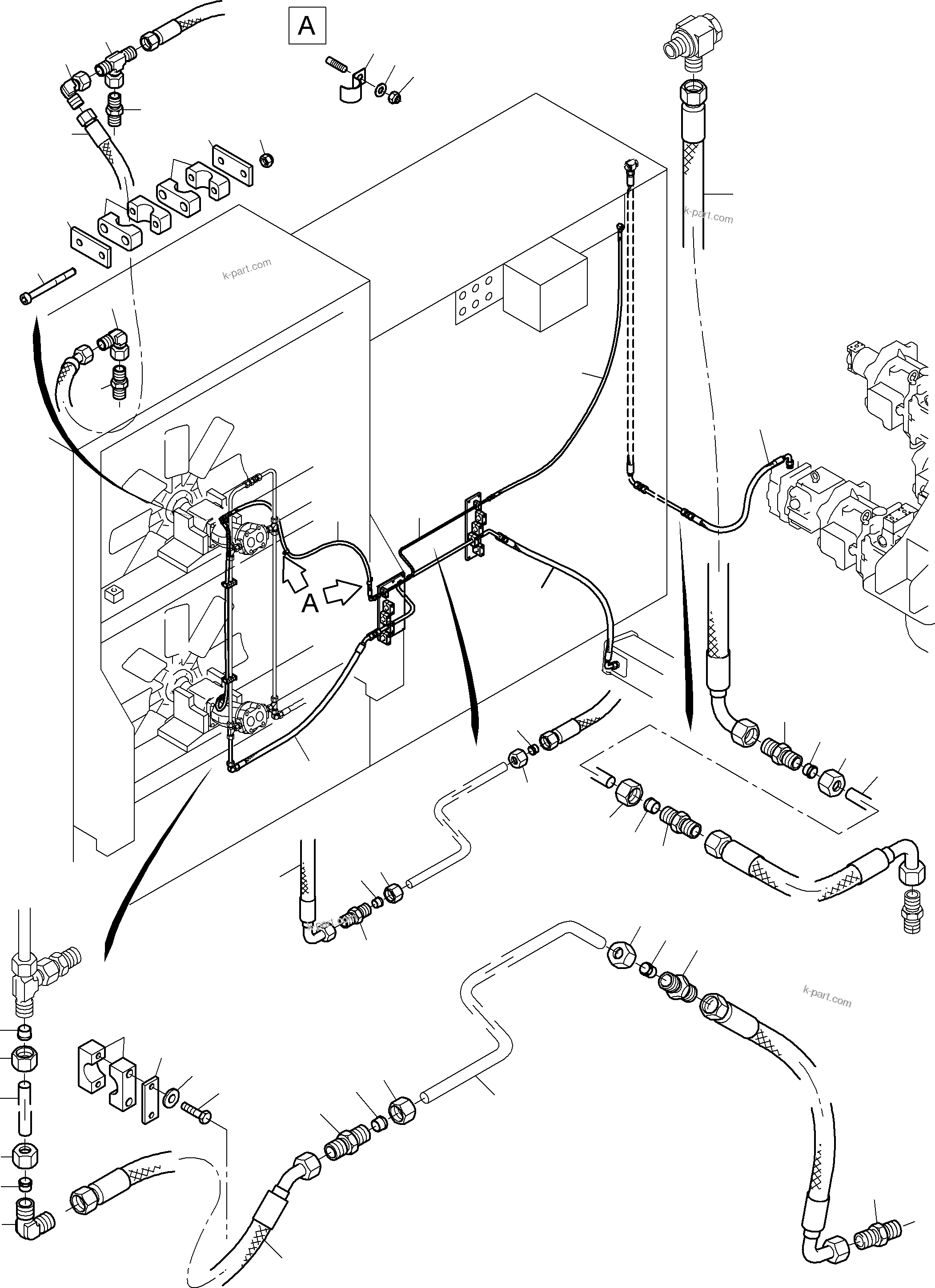 Komatsu parts book diagram for PC3000-6 S/N 46165: RETURN LINES - FAN MOTORS, FAN PUMP