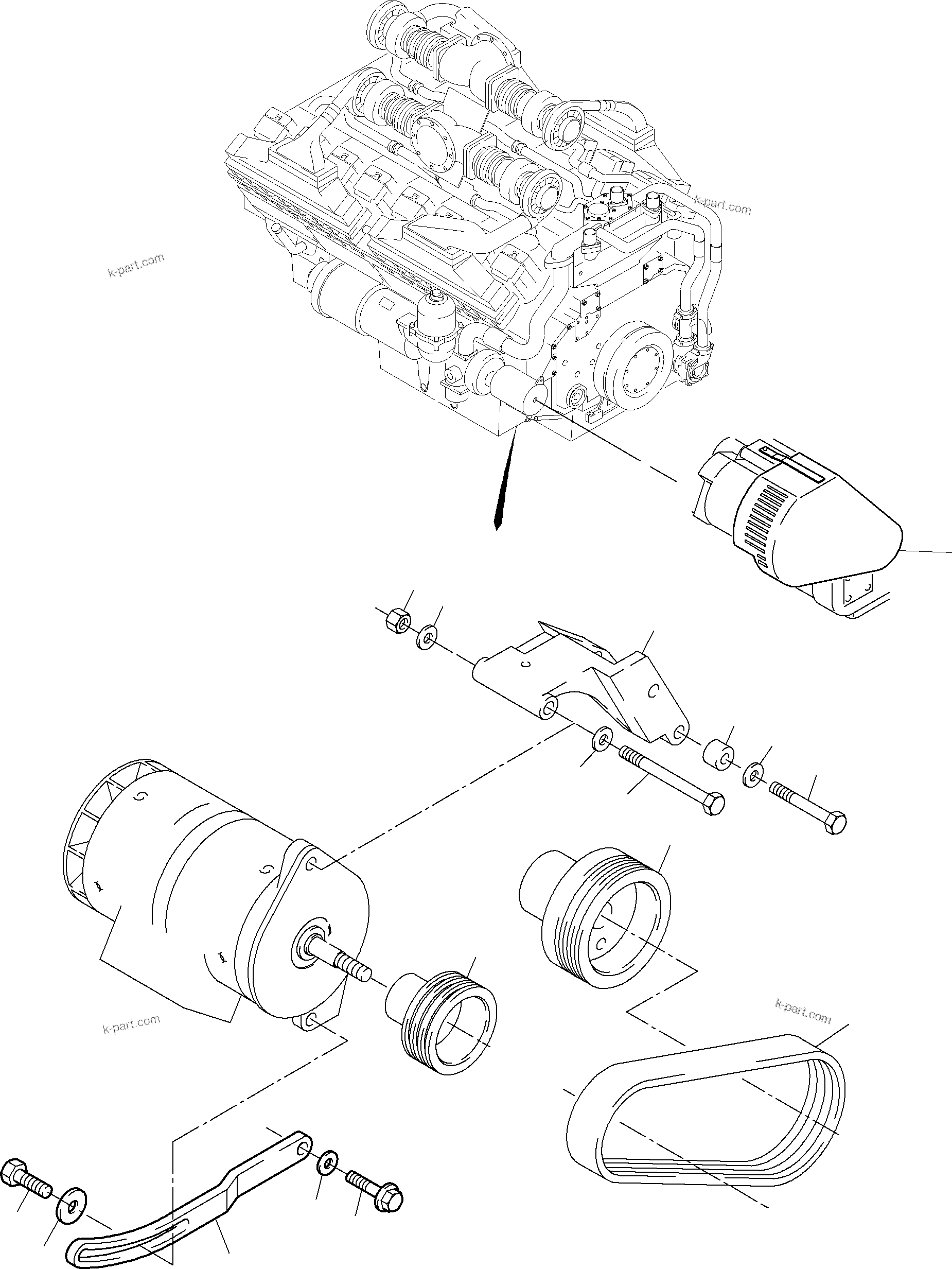 Komatsu parts book diagram for PC3000-6 S/N 46165: ALTERNATOR - MOUNTING