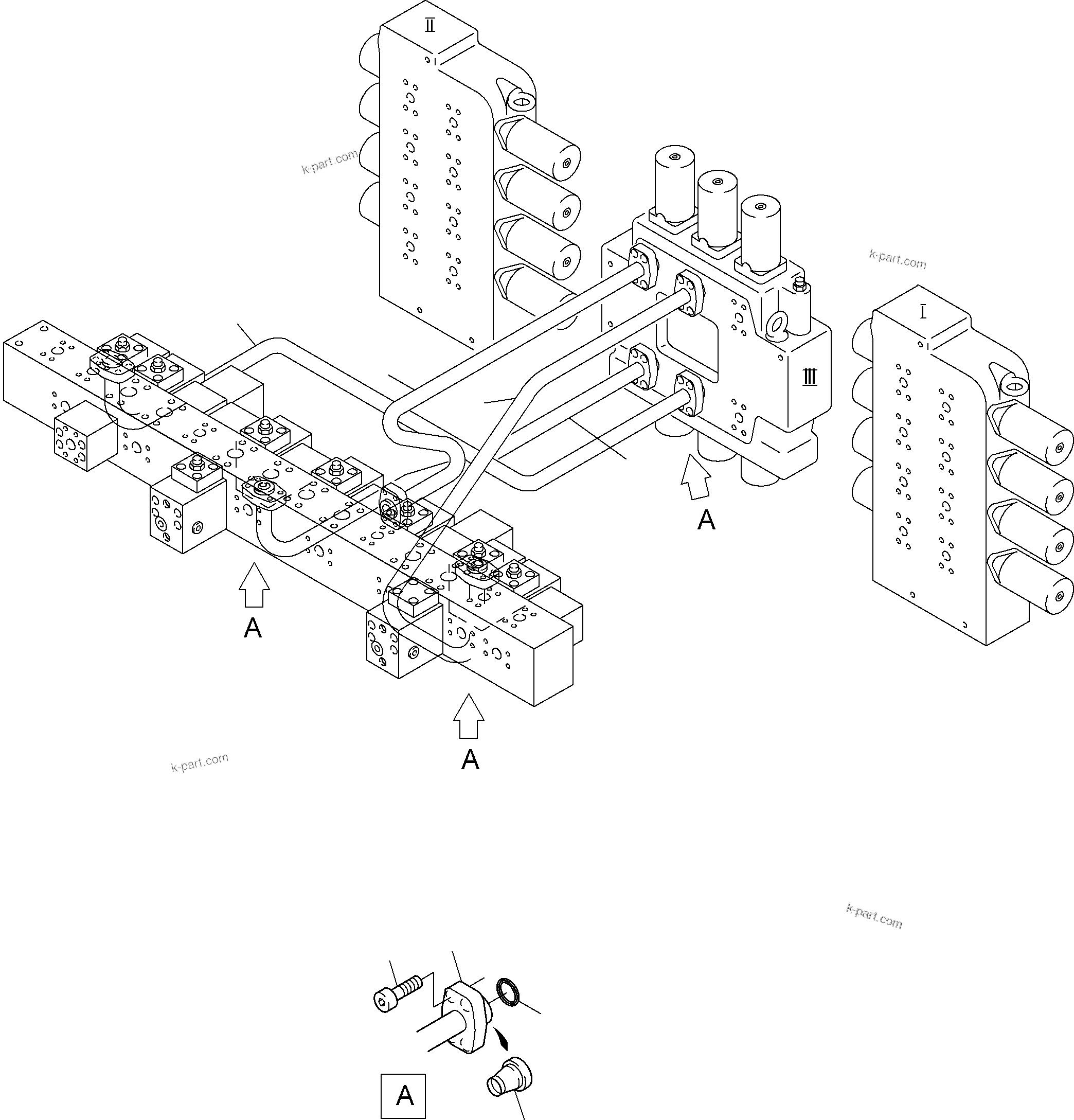 Komatsu parts book diagram for PC3000-6 S/N 46165: PRESSURE LINES - CONTROL BLOCKS - MANIFOLD
