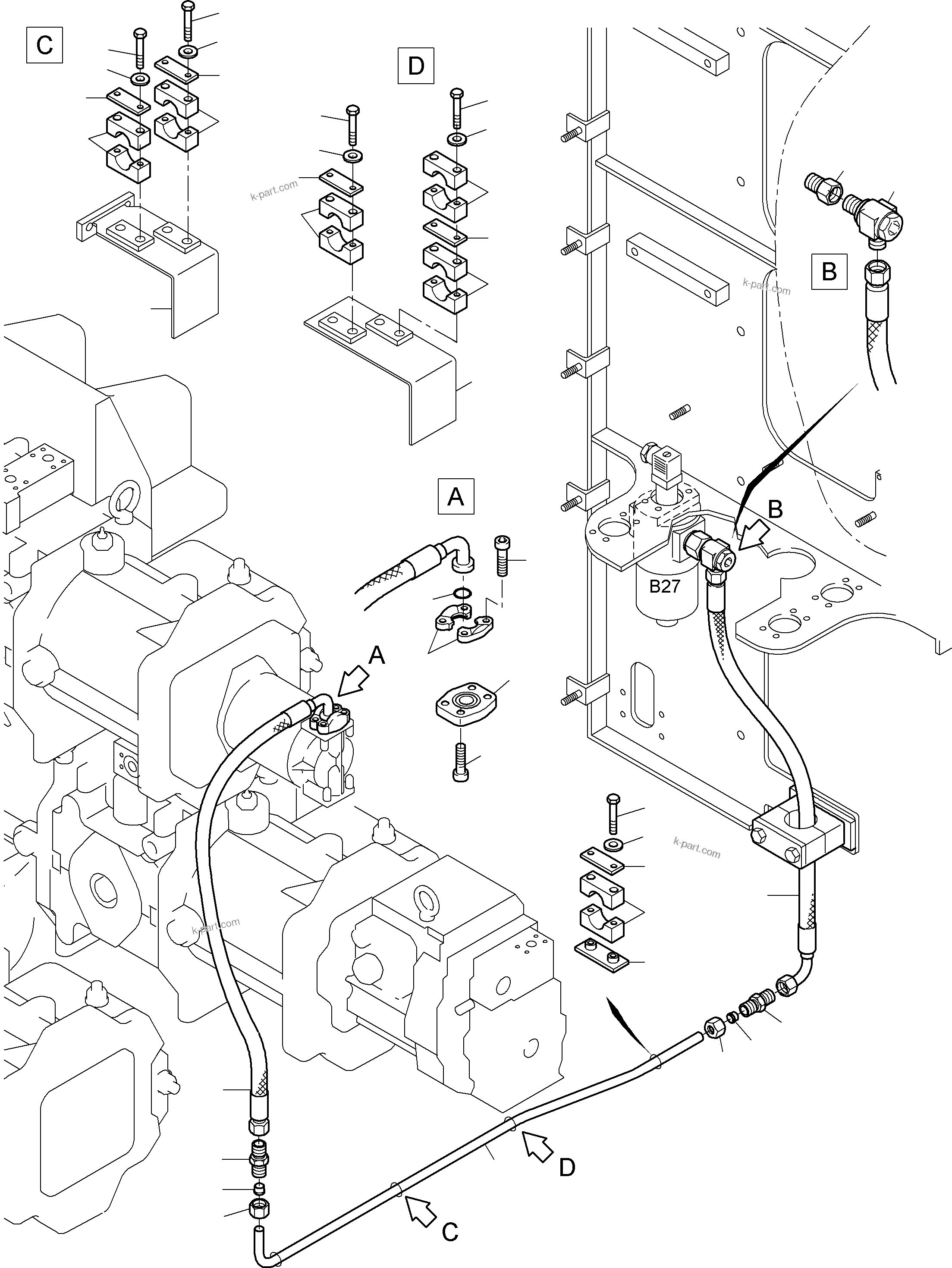 Komatsu parts book diagram for PC3000-6 S/N 46165: PRESSURE LINES (P) -TRANSMISSION OIL PUMP