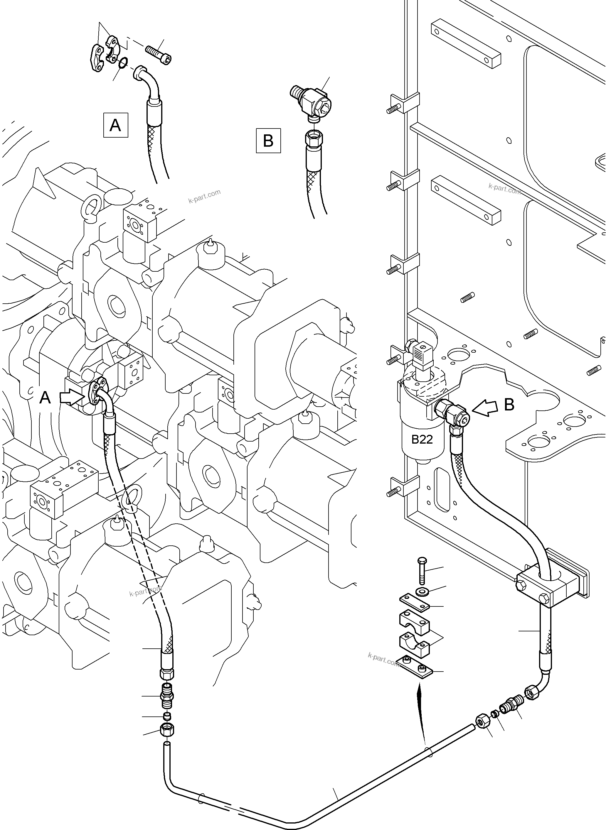 Komatsu parts book diagram for PC3000-6 S/N 46165: PRESSURE LINES (P) -CONTROL OIL PUMP