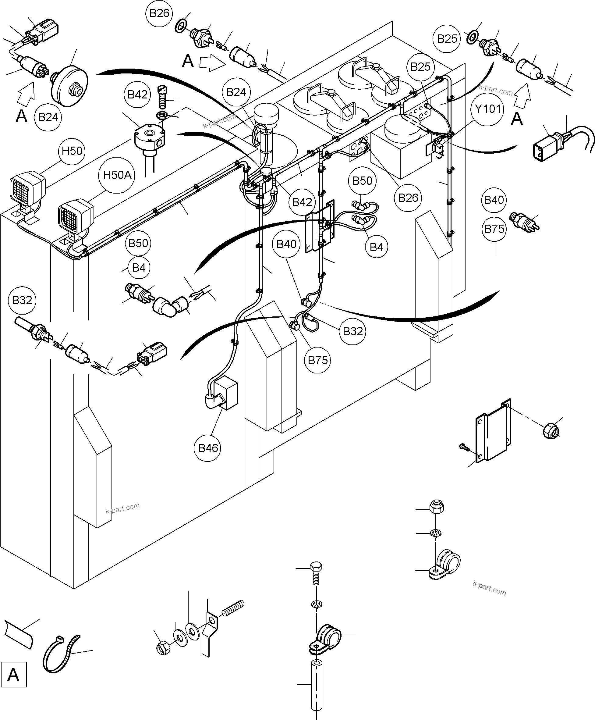 Komatsu parts book diagram for PC3000-6 S/N 46165: CABLES - OIL TANK AND SWITCH
