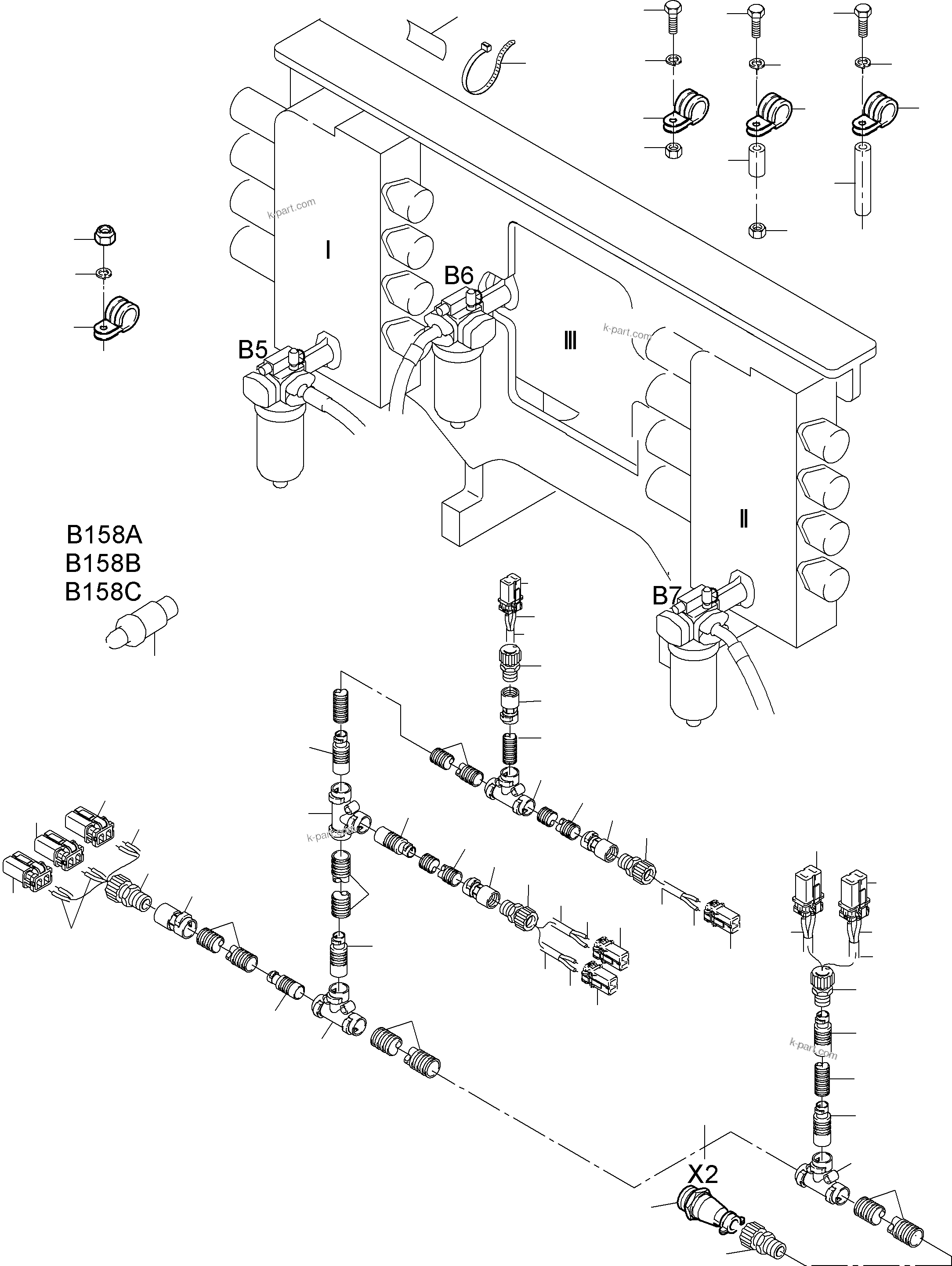 Komatsu parts book diagram for PC3000-6 S/N 46174: CABLES - SUPPORT, CONTROL UNIT - H.P. FILTER