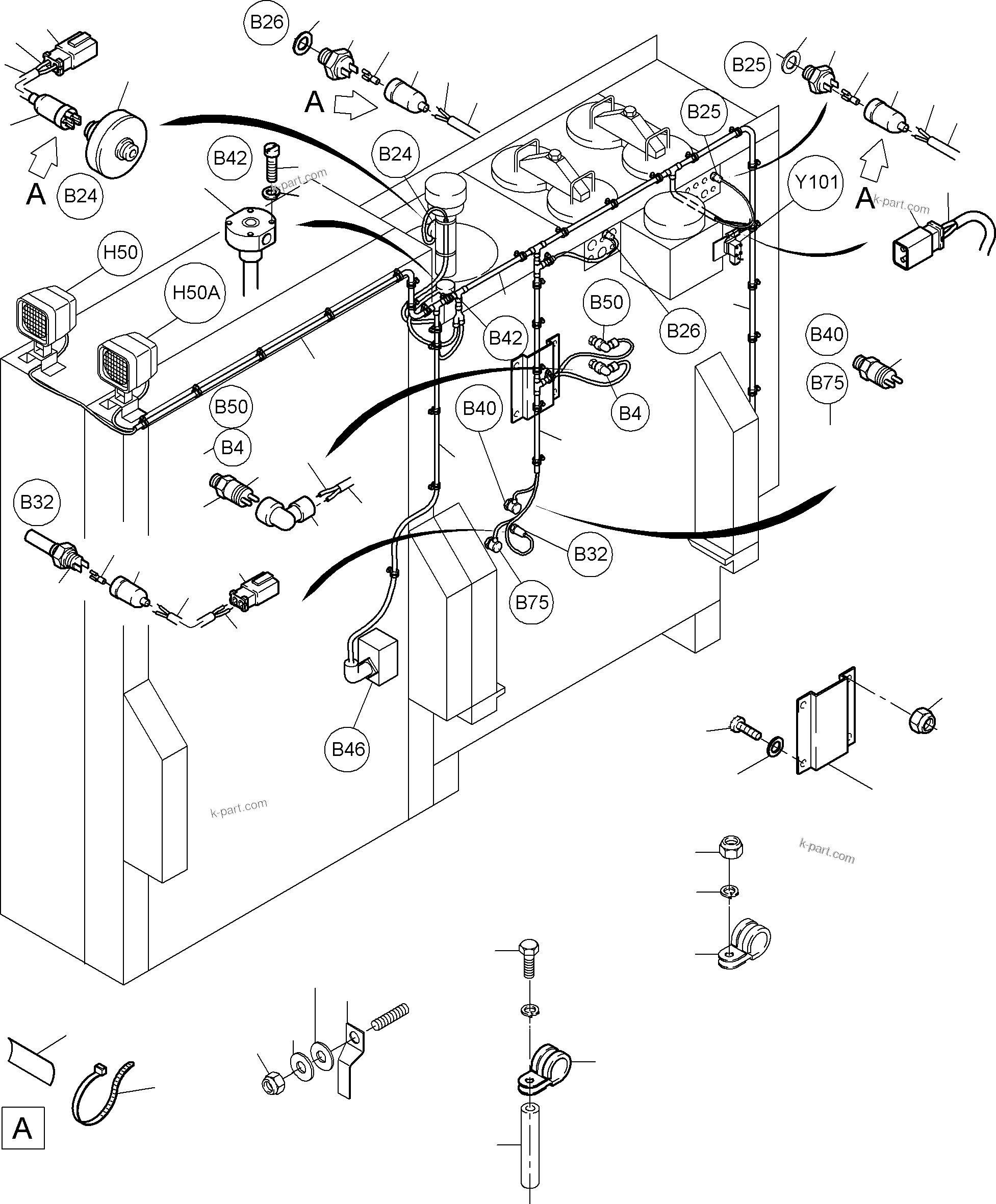 Komatsu parts book diagram for PC3000-6 S/N 46174: CABLES - OIL TANK AND SWITCH