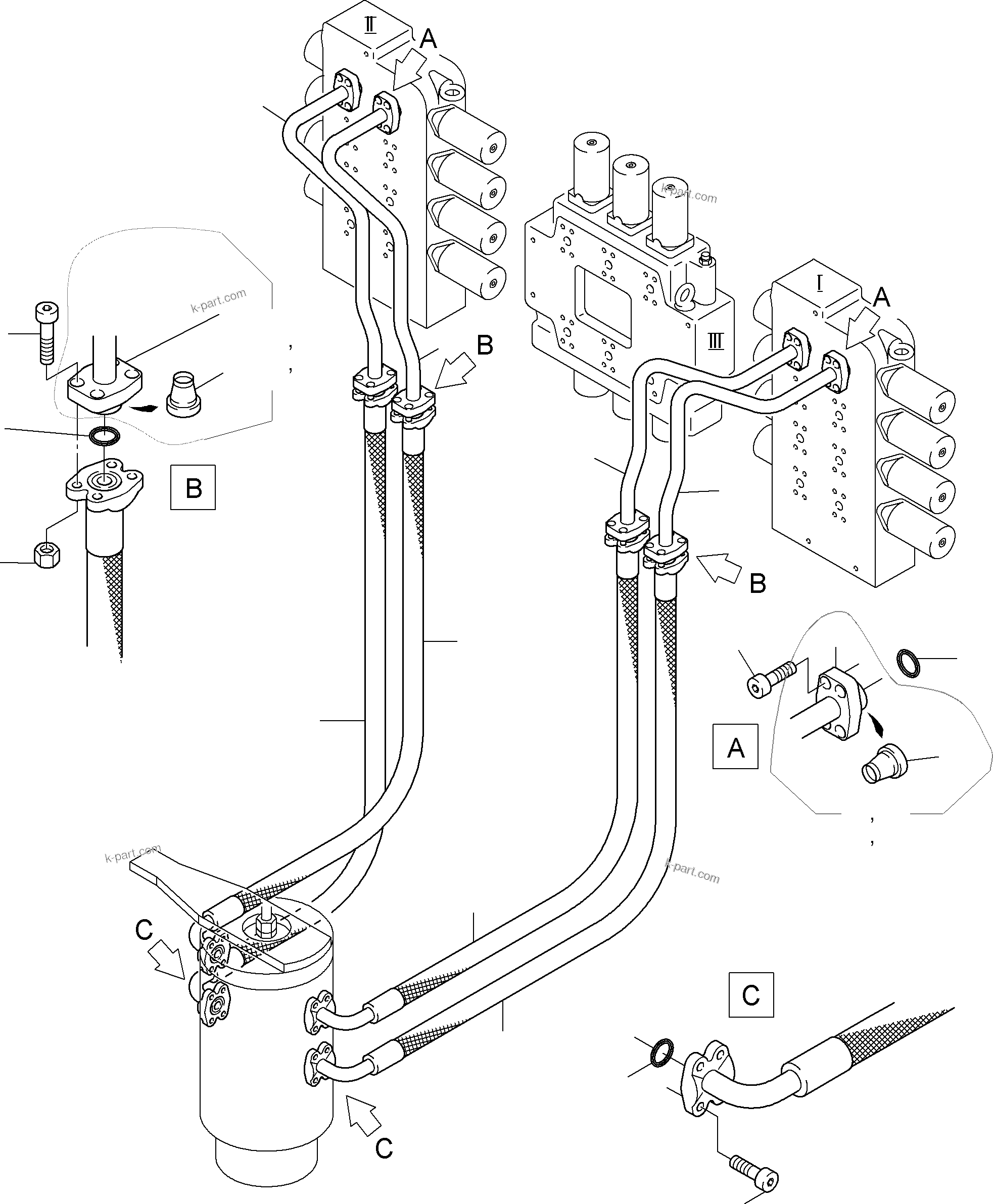 Komatsu parts book diagram for PC3000-6 S/N 46174: PRESSURE LINES (P) CONTROL BLOCKS - ROTARY JOINT
