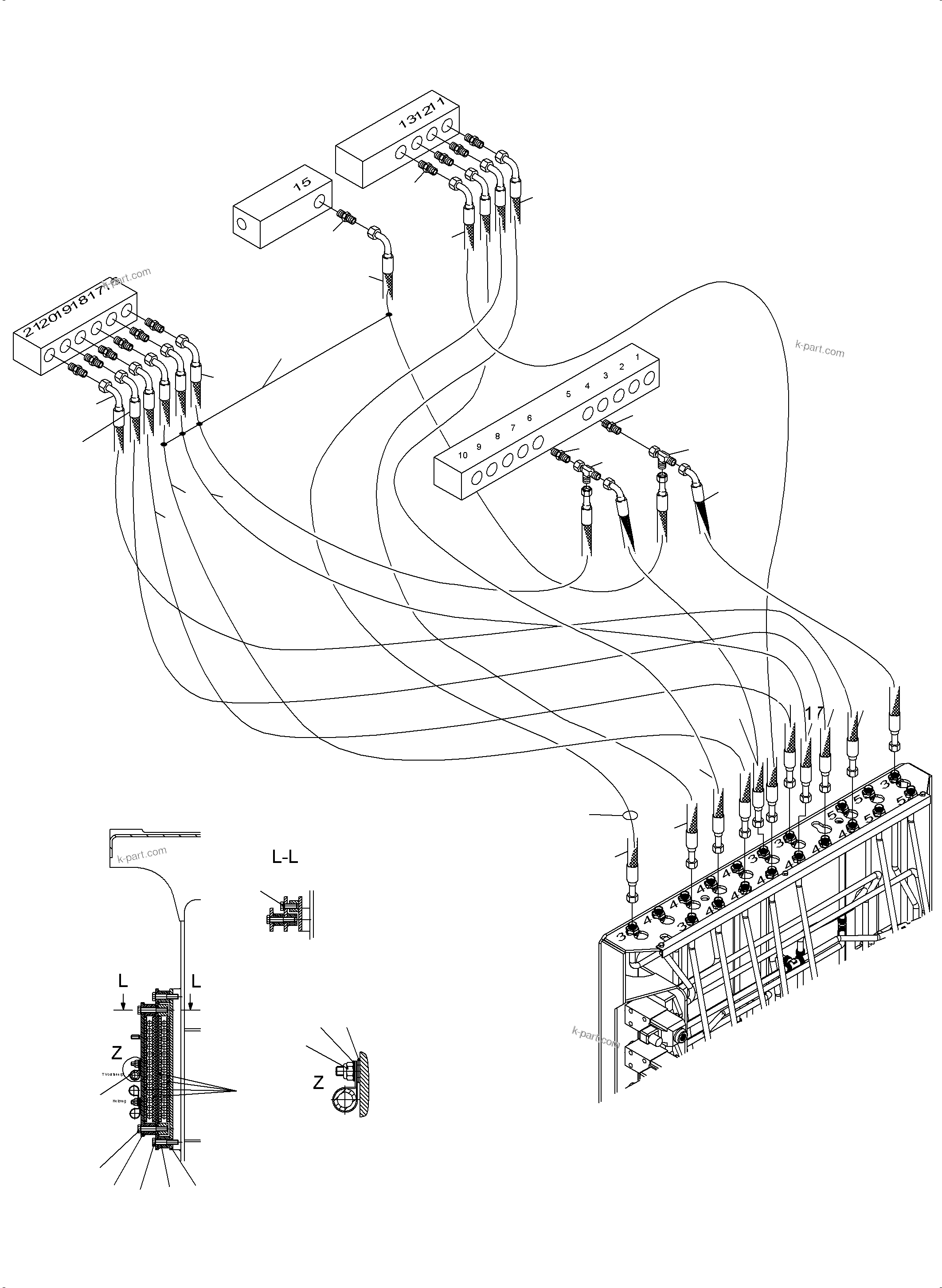 Komatsu parts book diagram for PC3000-6 S/N 46230: CONTROL LINES - PILOT CONTROL PLATE TO PILOT OIL UNITS (BBE)