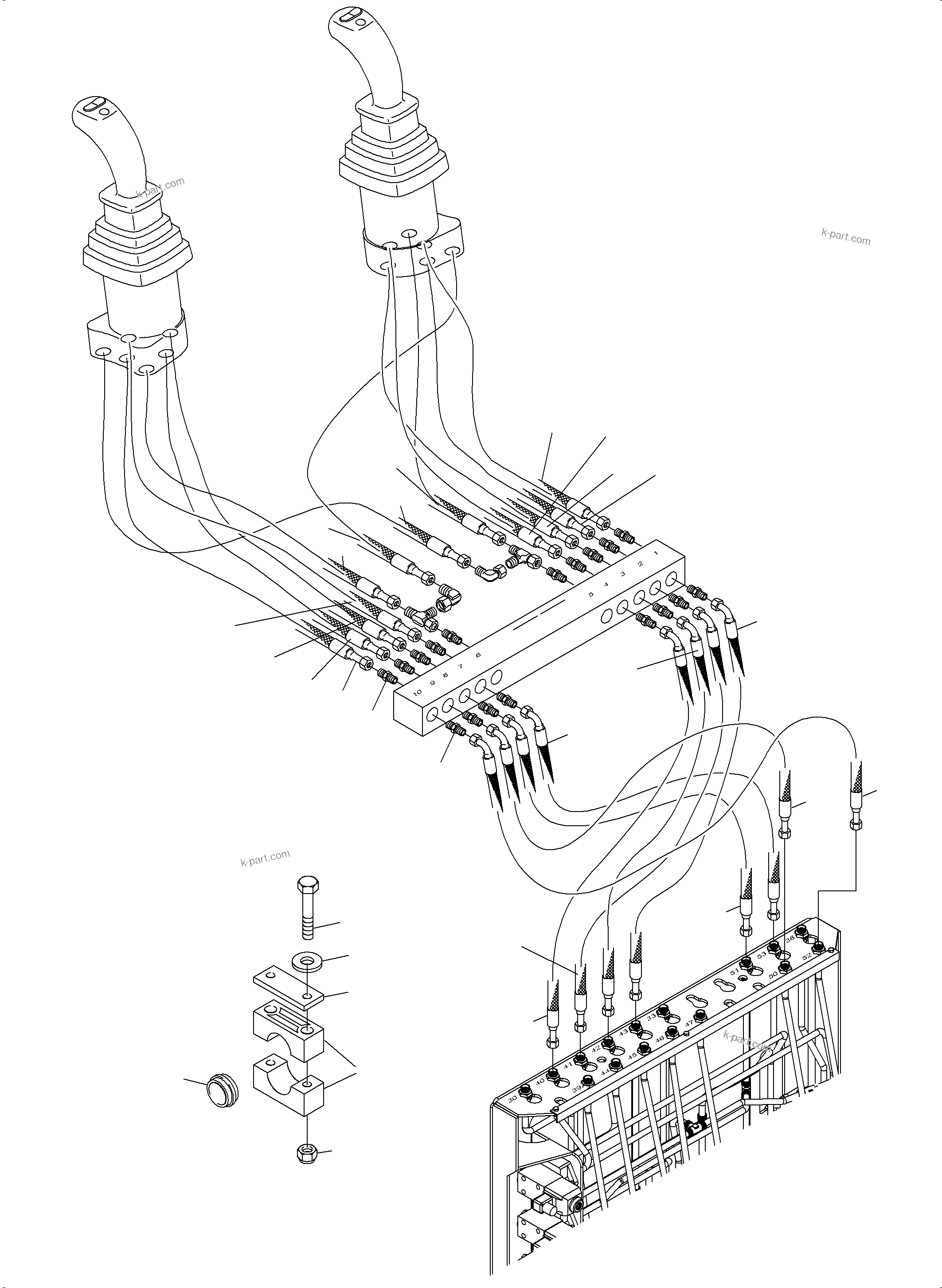 Komatsu parts book diagram for PC3000-6 S/N 46230: CONTROL LINES - PILOT CONTROL PLATE TO PILOT OIL UNITS (BBE)