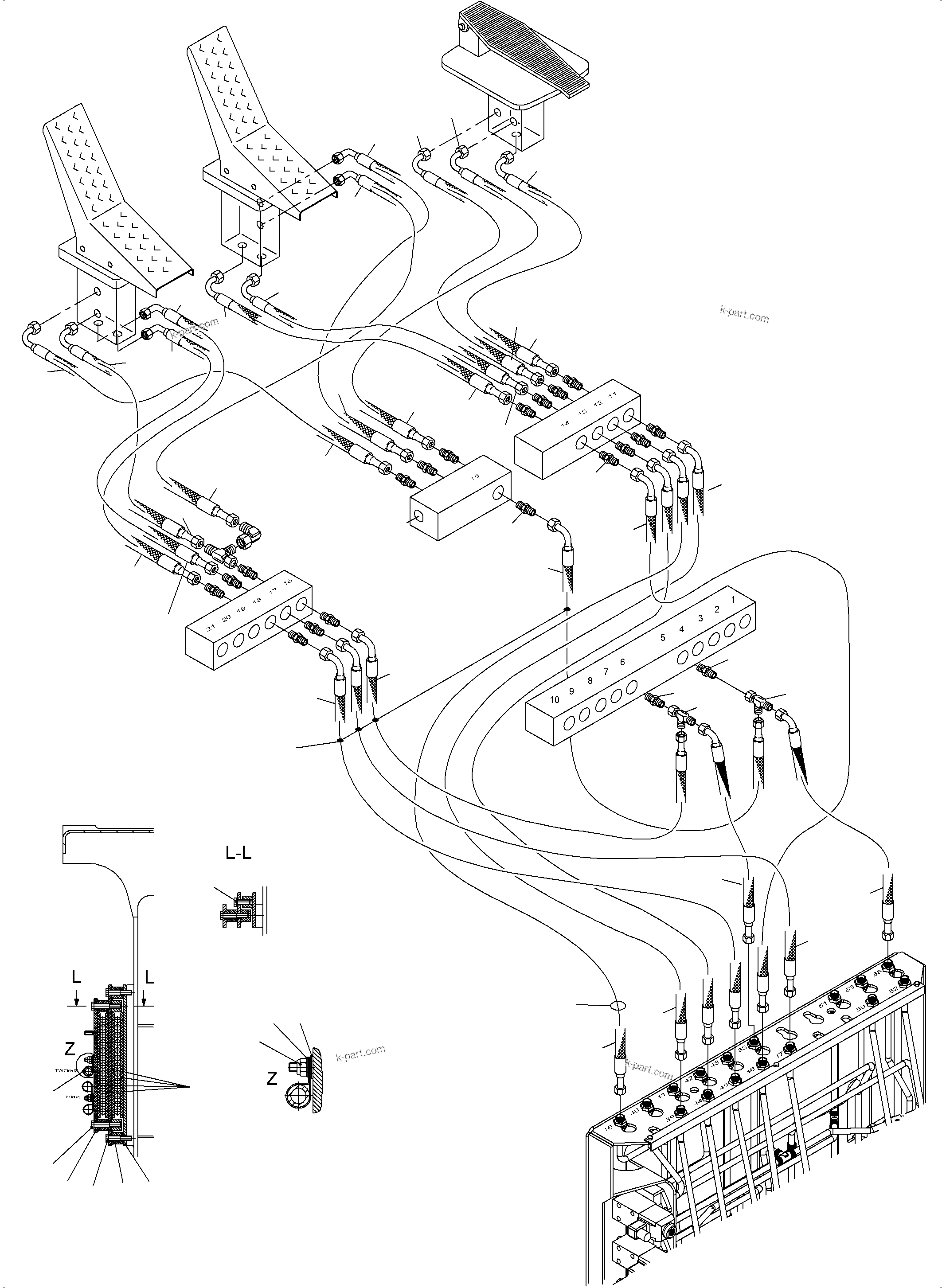 Komatsu parts book diagram for PC3000-6 S/N 46235: CONTROL LINES - PILOTCONTROL PLATE TO PILOT OIL UNITS (BE)