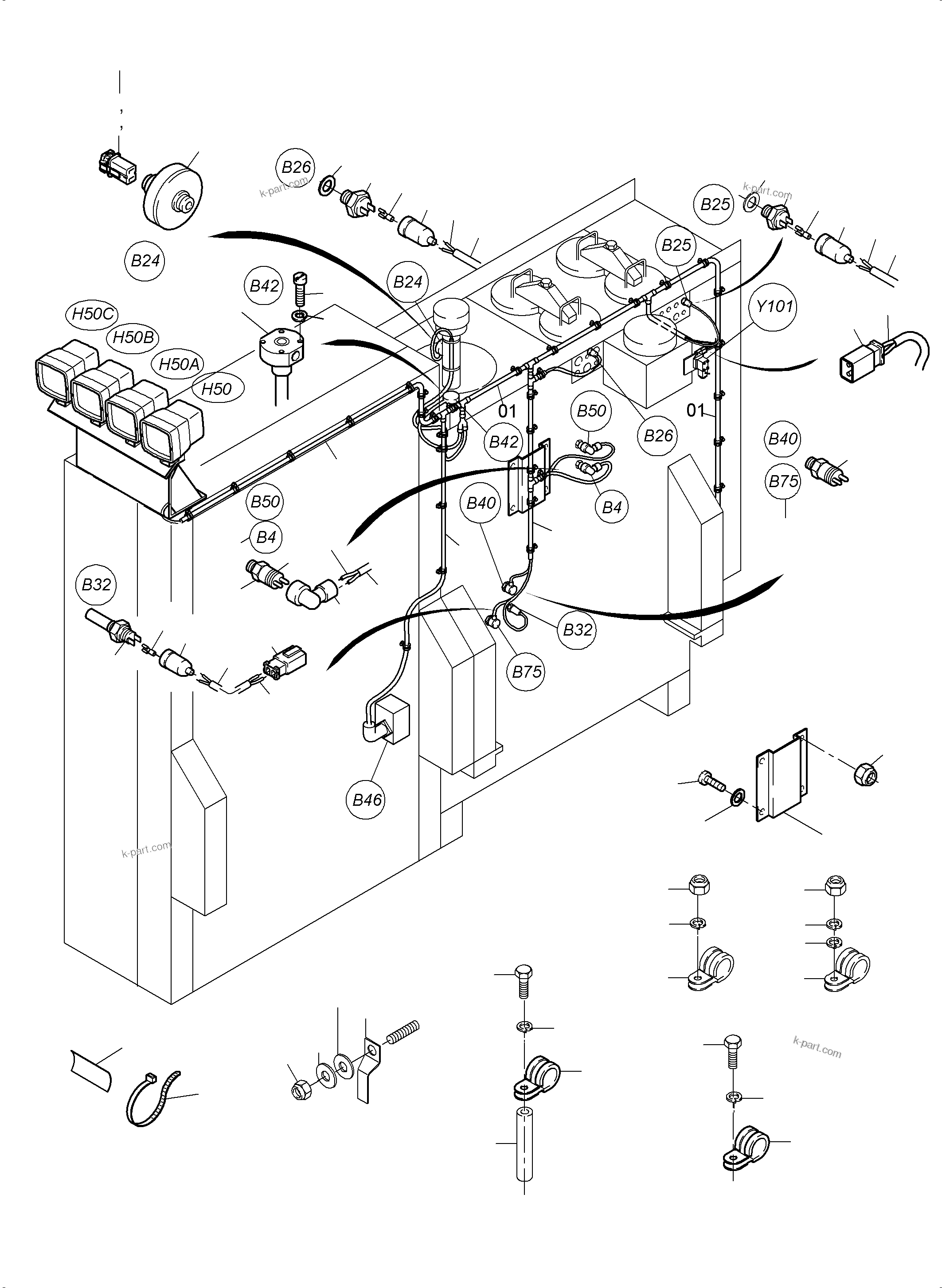 Komatsu parts book diagram for PC3000-6 S/N 46235: CABLES - OIL TANK AND SWITCH