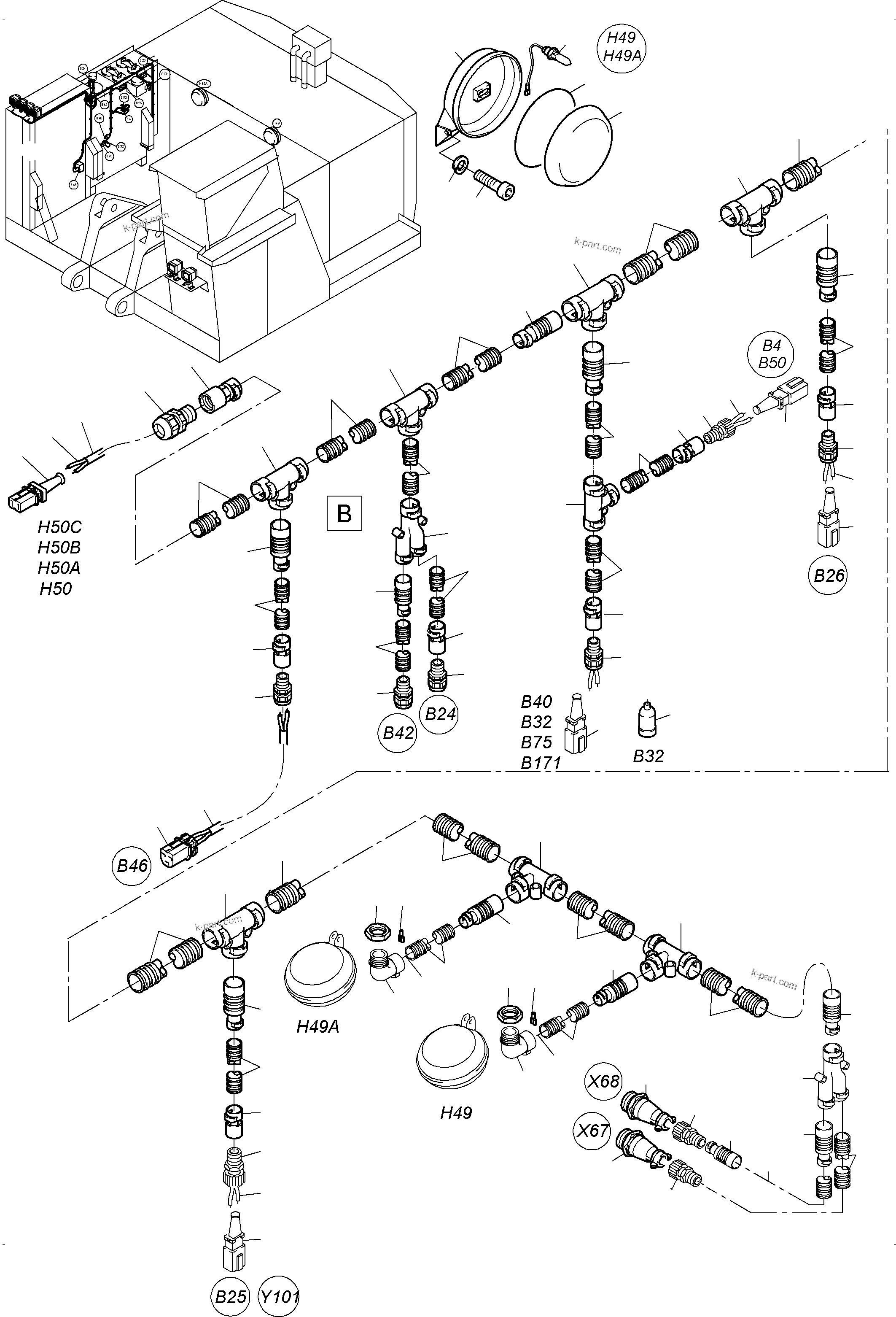 Komatsu parts book diagram for PC3000-6 S/N 46235: CABLES - OIL TANK AND SWITCH