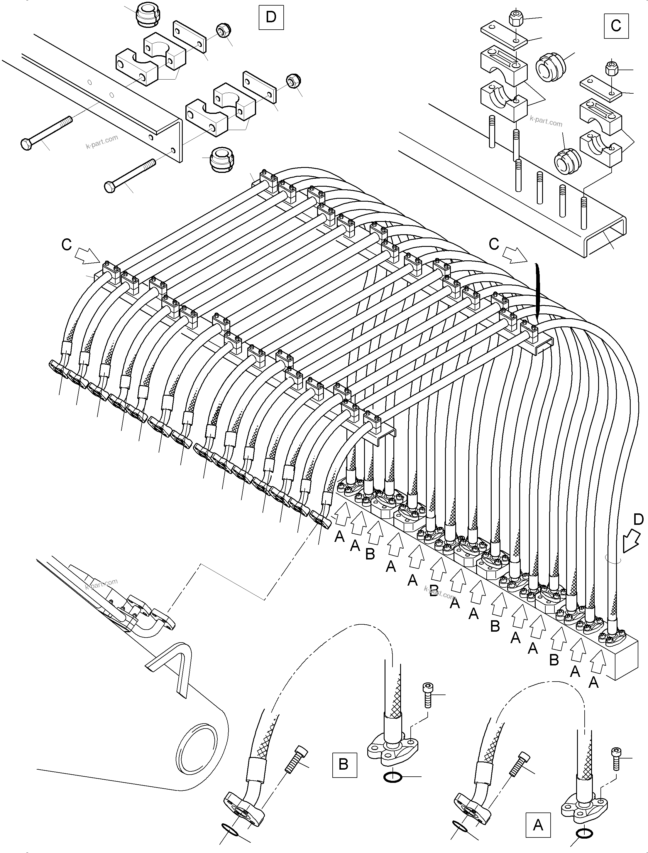 Komatsu parts book diagram for PC3000-6 S/N 46235: HOSES ASSY. - MANIFOLD- BOOM (BE)